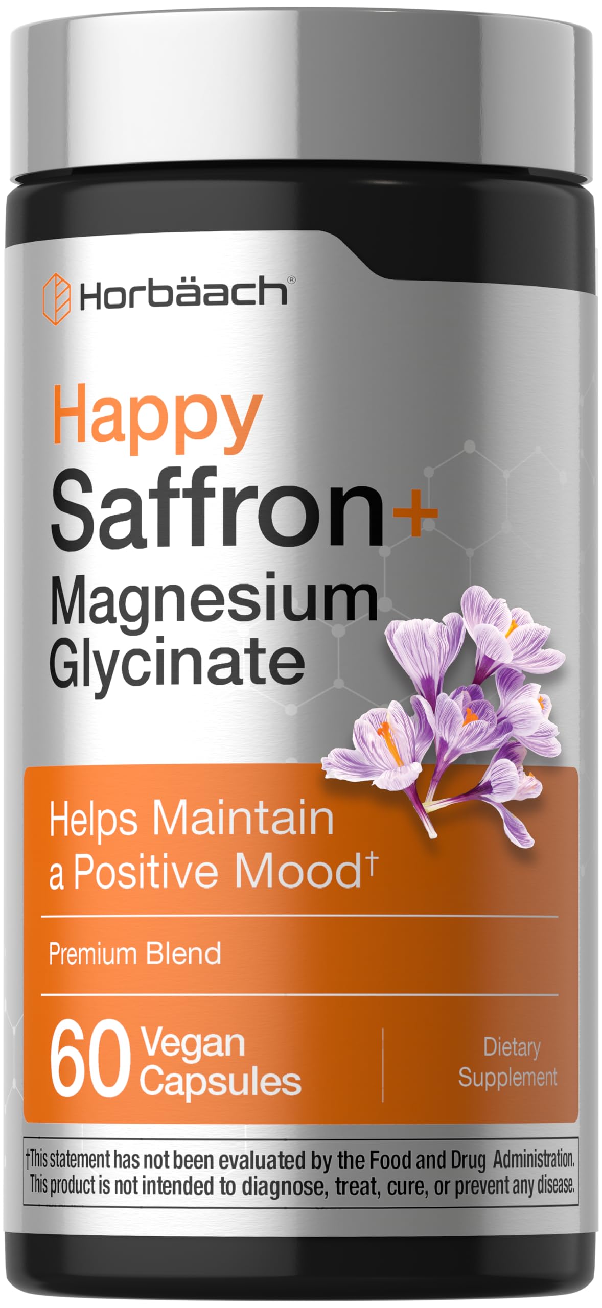Horbäach Saffron + Magnesium Glycinate Supplement Vegan Capsules, 60 Count