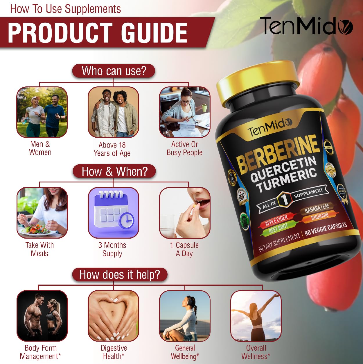 Tenmido Berberine Supplement Capsules, 90 Count