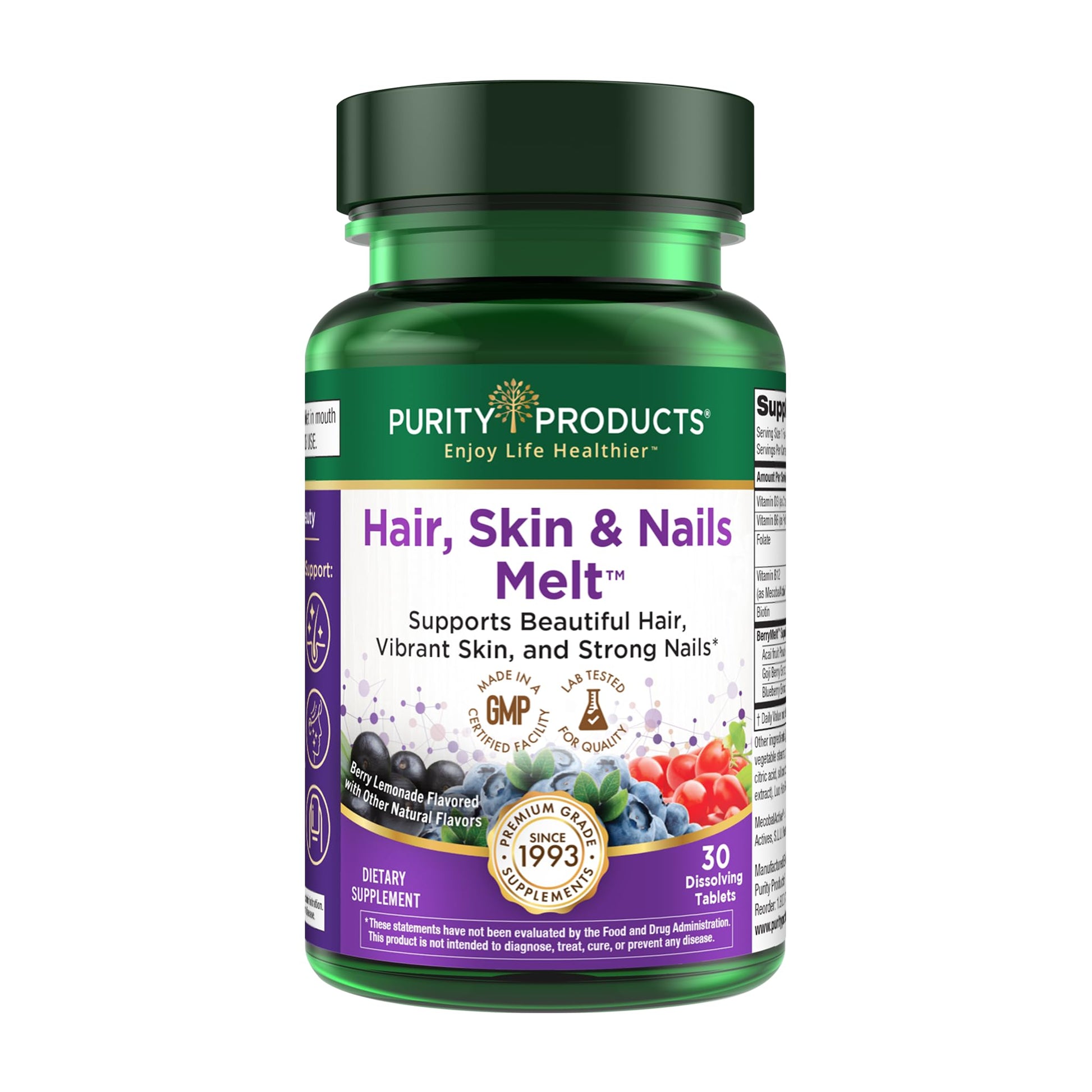 Purity Products Hair, Skin + Nails Melt 1000mcg B-12 + 2500mcg Biotin Energy Berry Melt, 30 Tablets