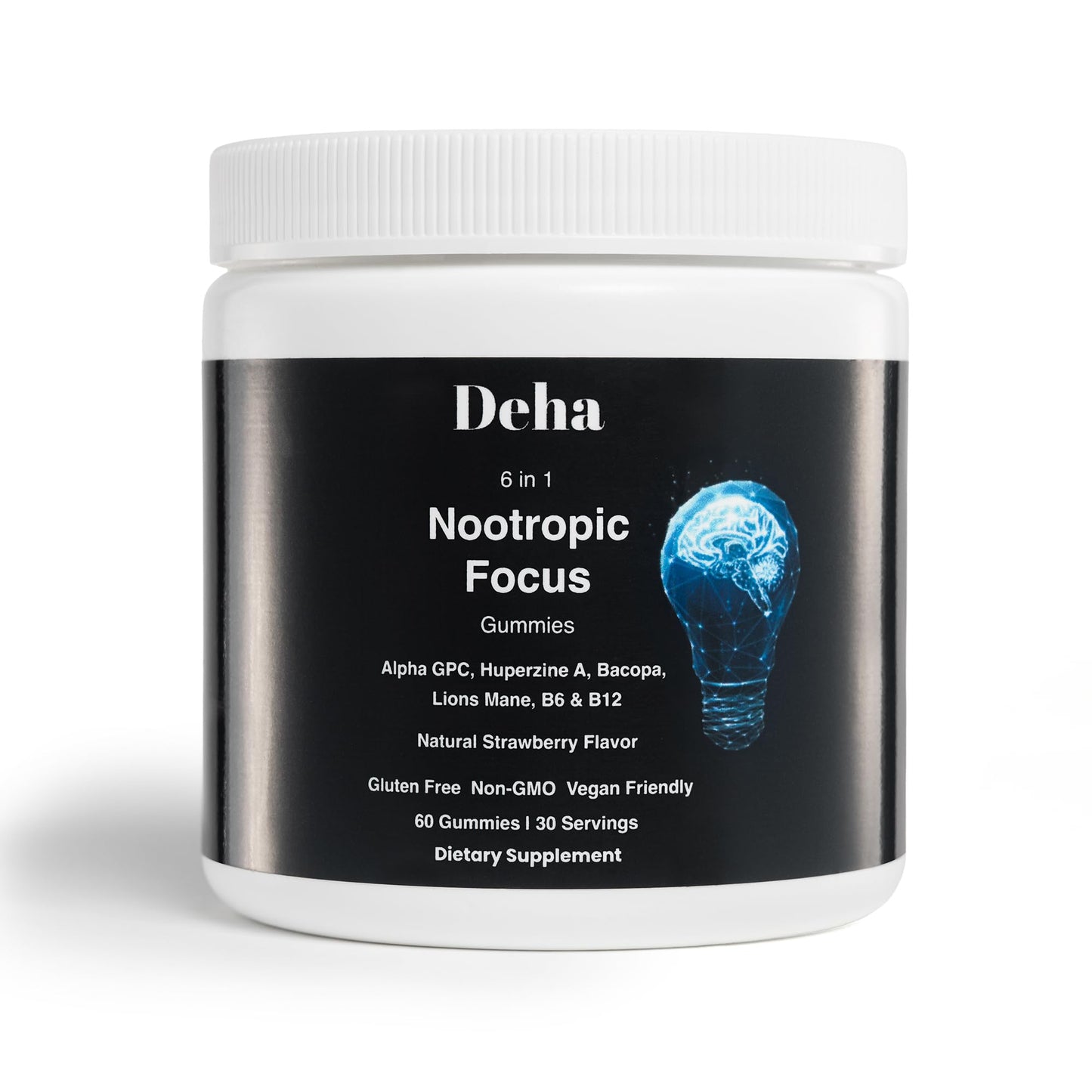 Deha Focus Gummies Nootropic Brain Supplement with Vitamin B6, Vitamin B12, Alpha GPC, Huperzine A, Bacopa Monnieri, Lions Mane Mushroom, Vegan, Non-GMO, Gluten-Free, 60 Gummies