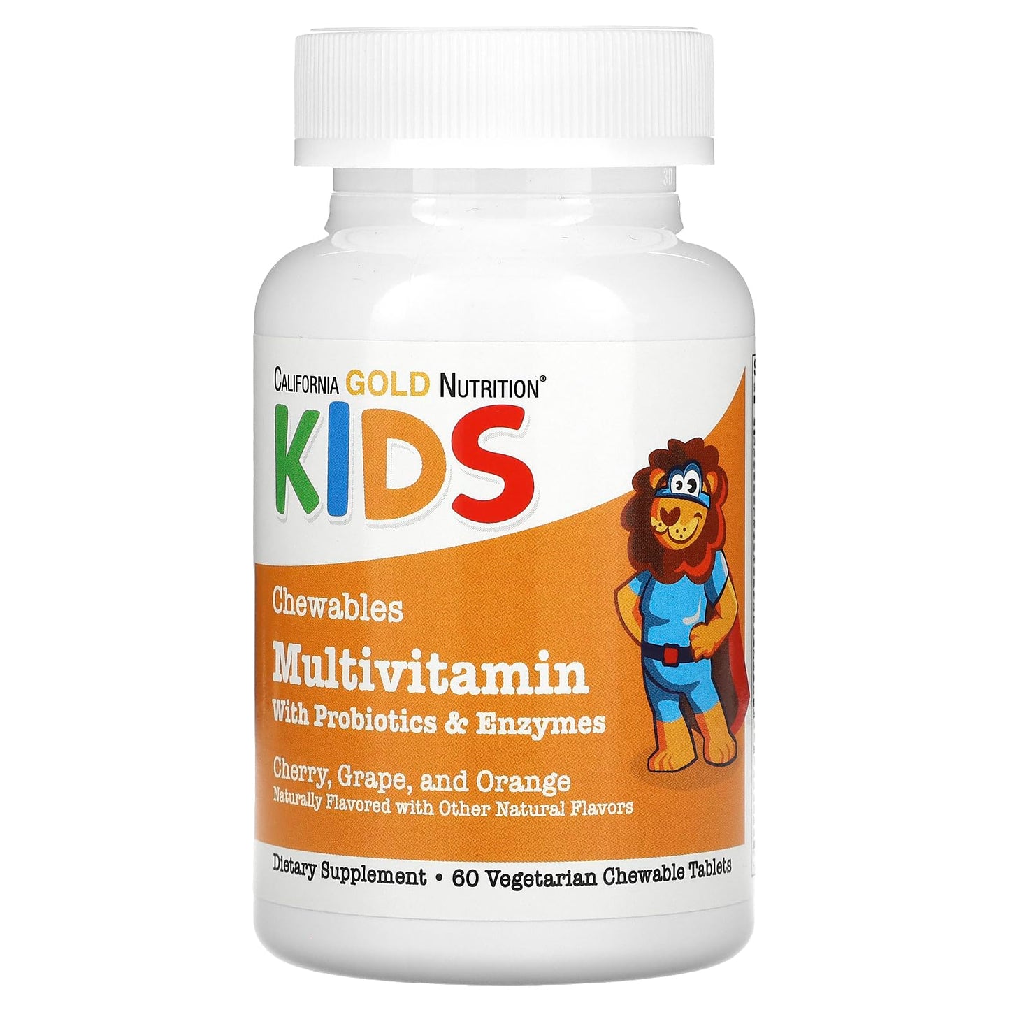 California Gold Nutrition Chewable Multivitamins with Probiotics, Enzymes, Vitamin A and Vitamin C for Children, Assorted Fruit, 60 Vegetarian Tablets