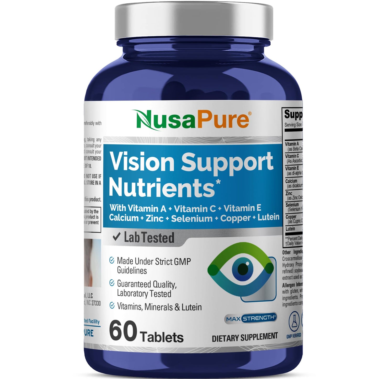 NusaPure Vision Support Nutrients with Vitamin A, C, E, Calcium, Zinc, Selenium, Copper, Lutein Tablets, 60 Tablets