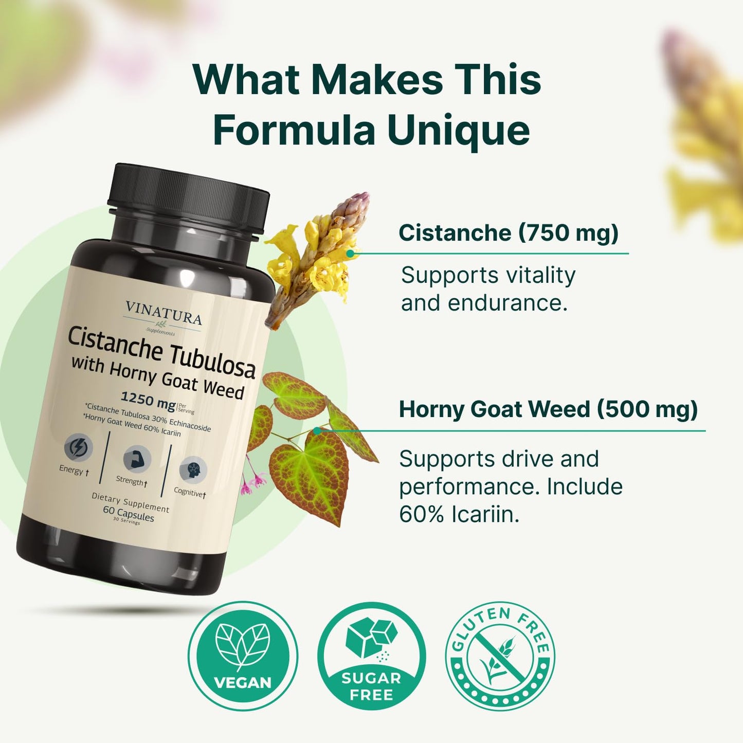 VINATURA Cistanche with Horny Goat Weed 60% Icariin - 1250mg per Serving Capsule, 60 Count