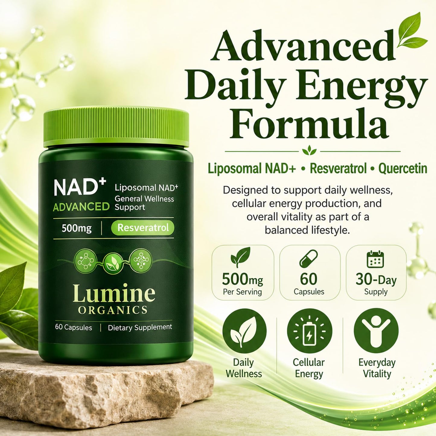 COLEPSW Lumine Organics NAD+ Supplement with Nicotinamide Riboside, Resveratrol & Quercetin Liposomal Capsules, 60 Capsules