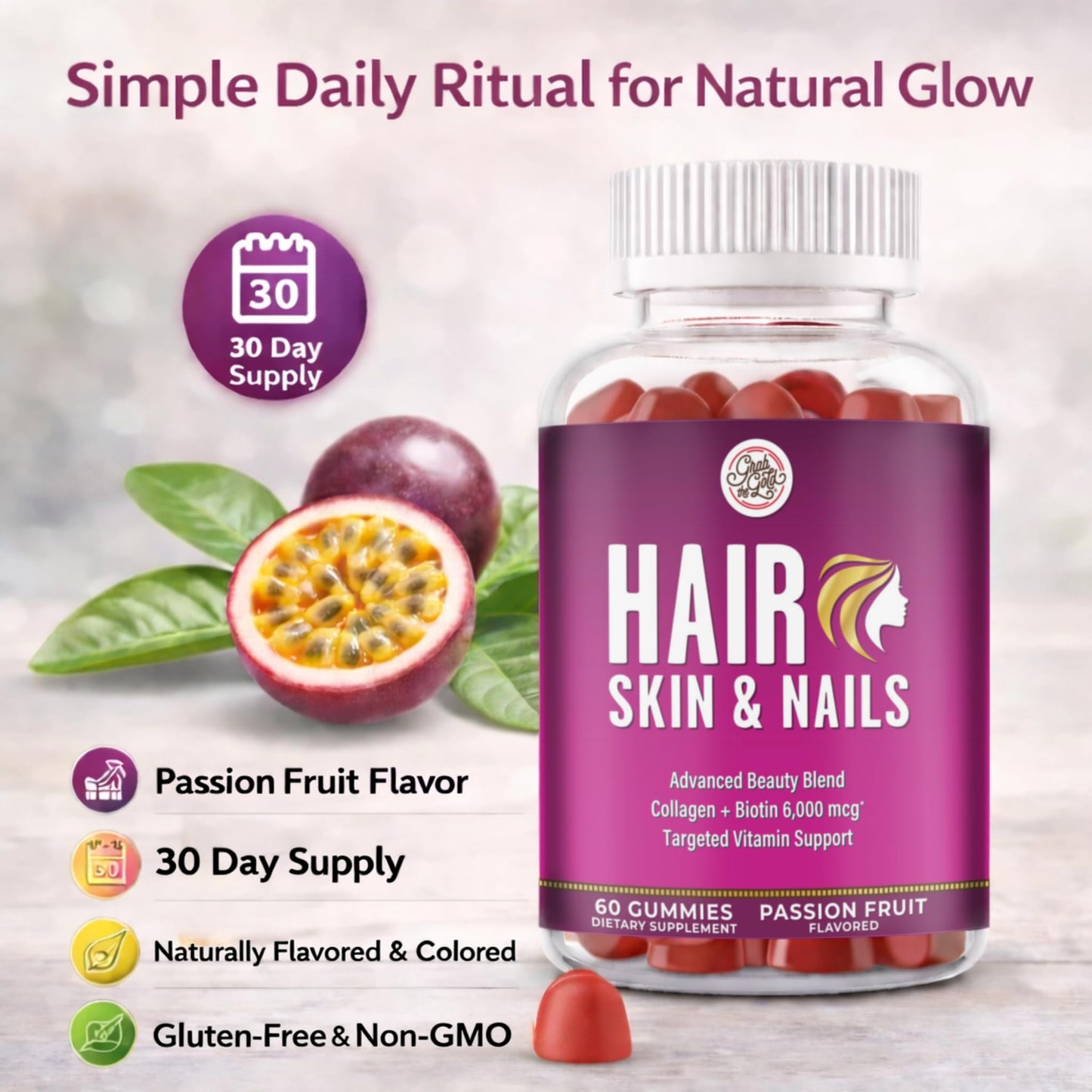 Grab The Gold Hair Skin & Nails Vitamins for Women Gummies, 60 Count