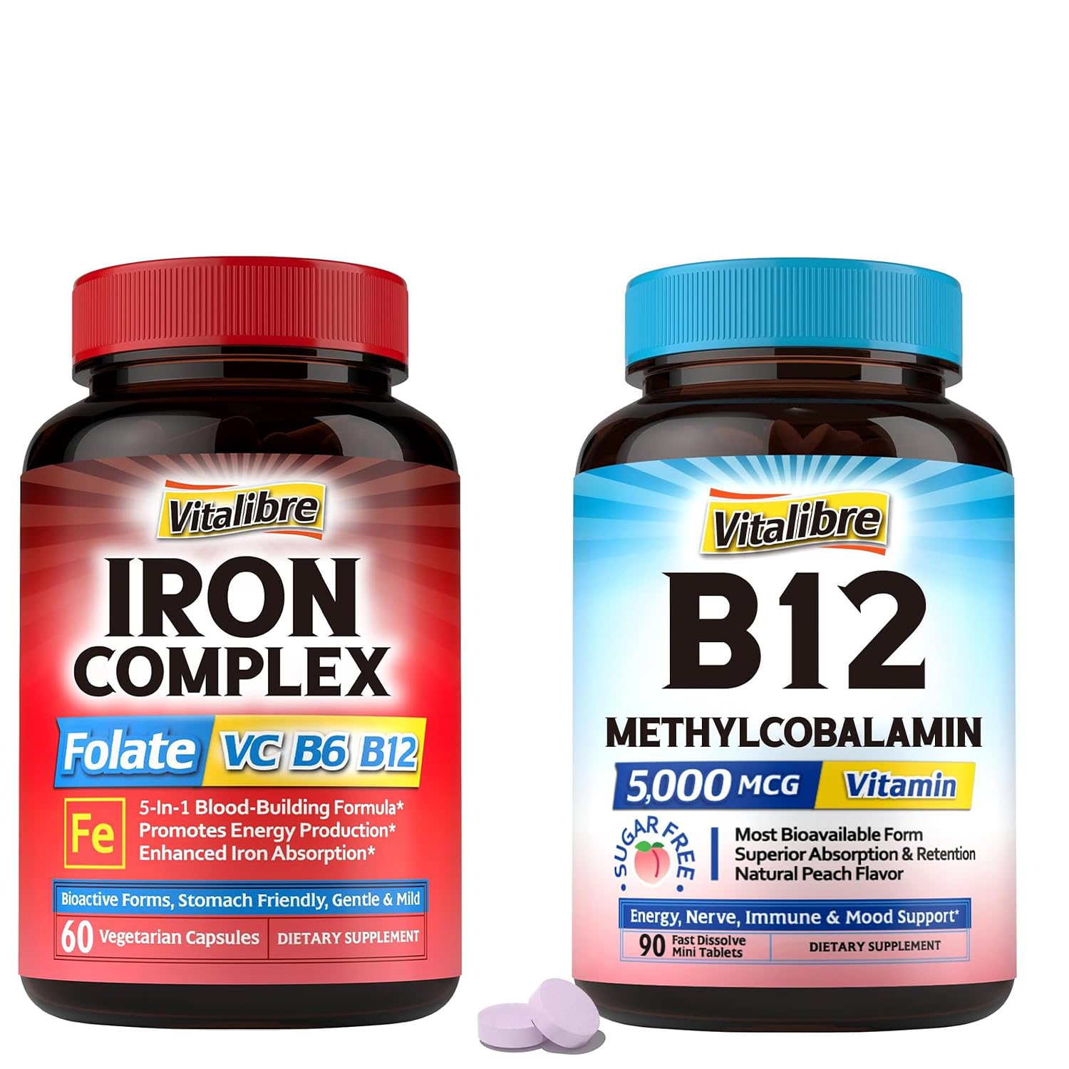 Vitalibre Iron Supplement for Women & Men, 60 Vegan Capsules & Vitamin B12 Sublingual 5000 mcg, 90 Fast Dissolve Mini Tablets 150