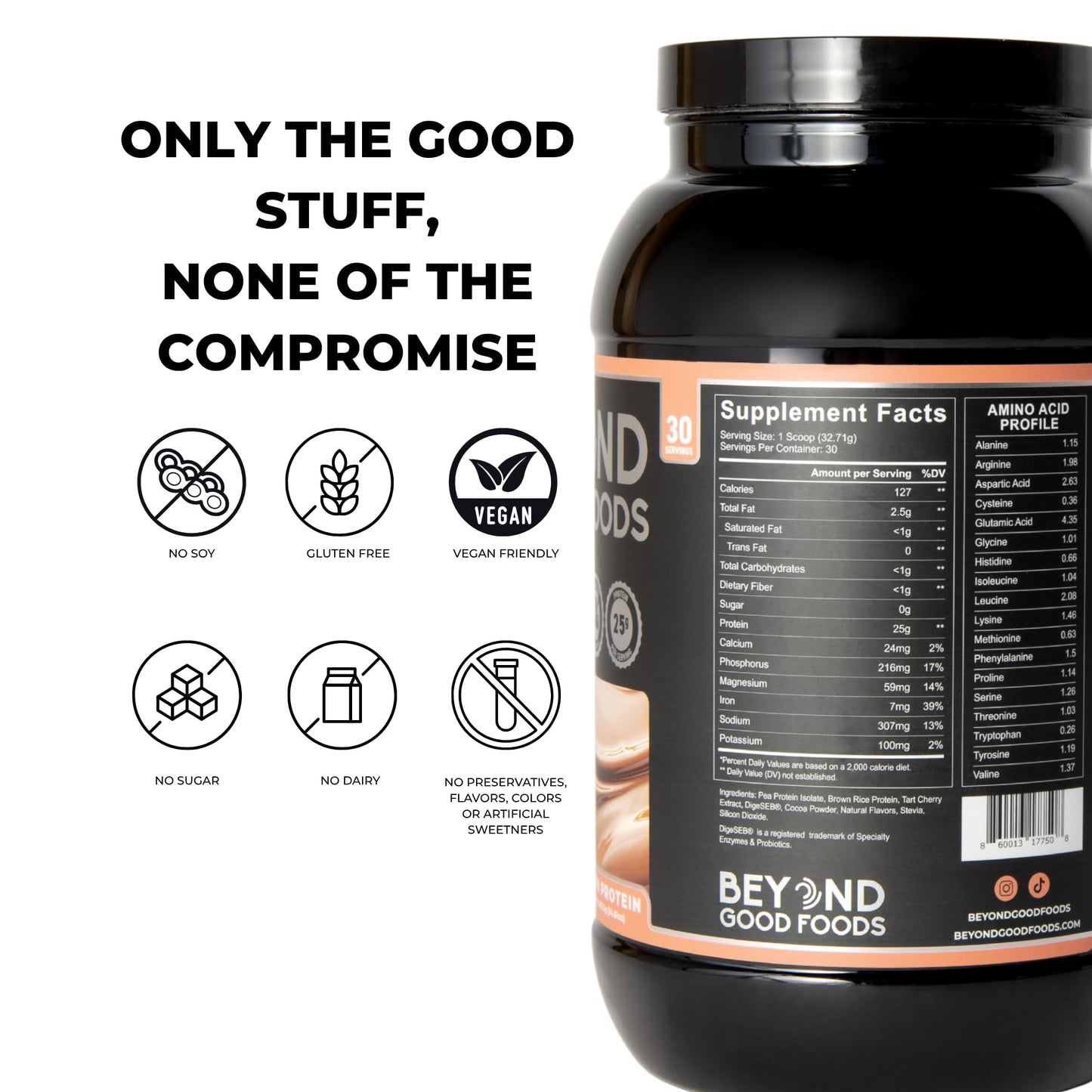 Beyond Good Foods Vegan Protein Powder, Chocolate – 25g Plant Protein per Serving, Pea & Brown Rice Protein, Low Carb, Sugar Free, Dairy Free, Soy Free, Gluten Free, Easy to Digest, 2 lbs 30 Servings