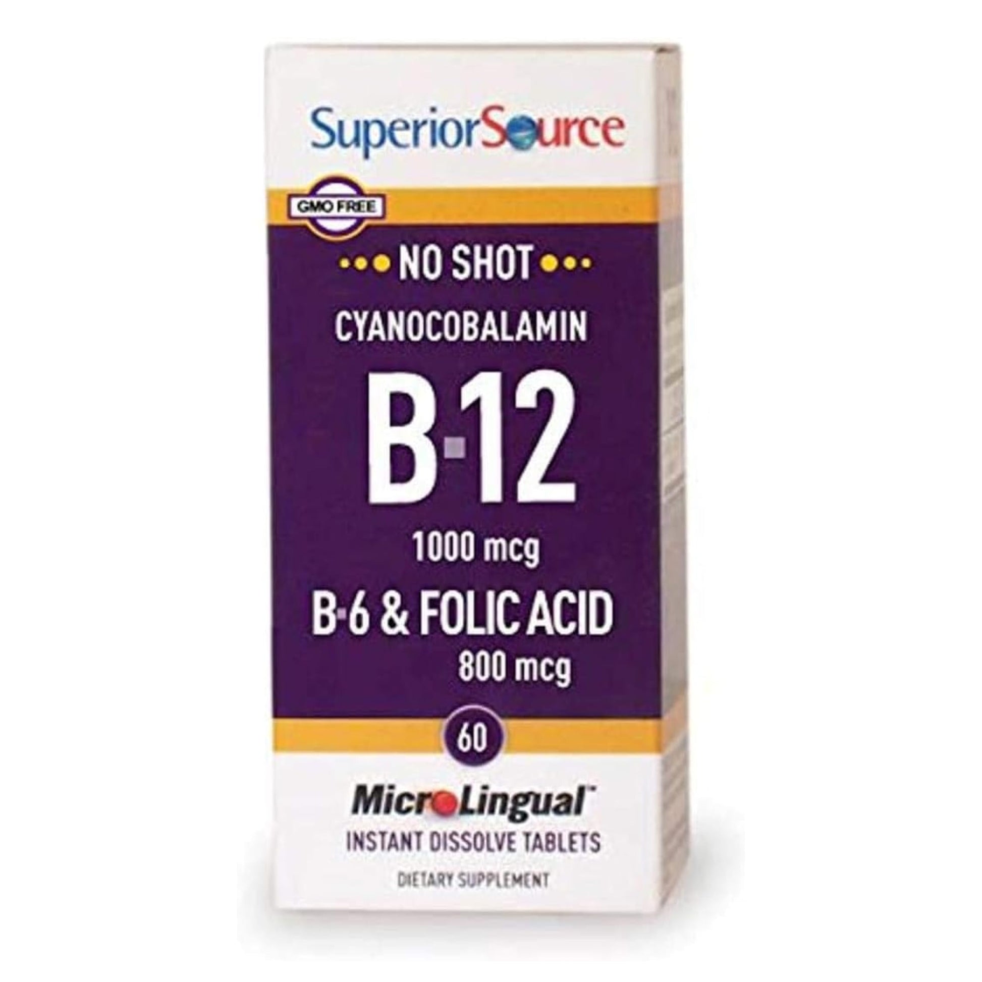 Superior Source No Shot Vitamin B-12 Cyanocobalamin 1000 mcg, B-6, Folic Acid 800 mcg Tablets, 60 Count