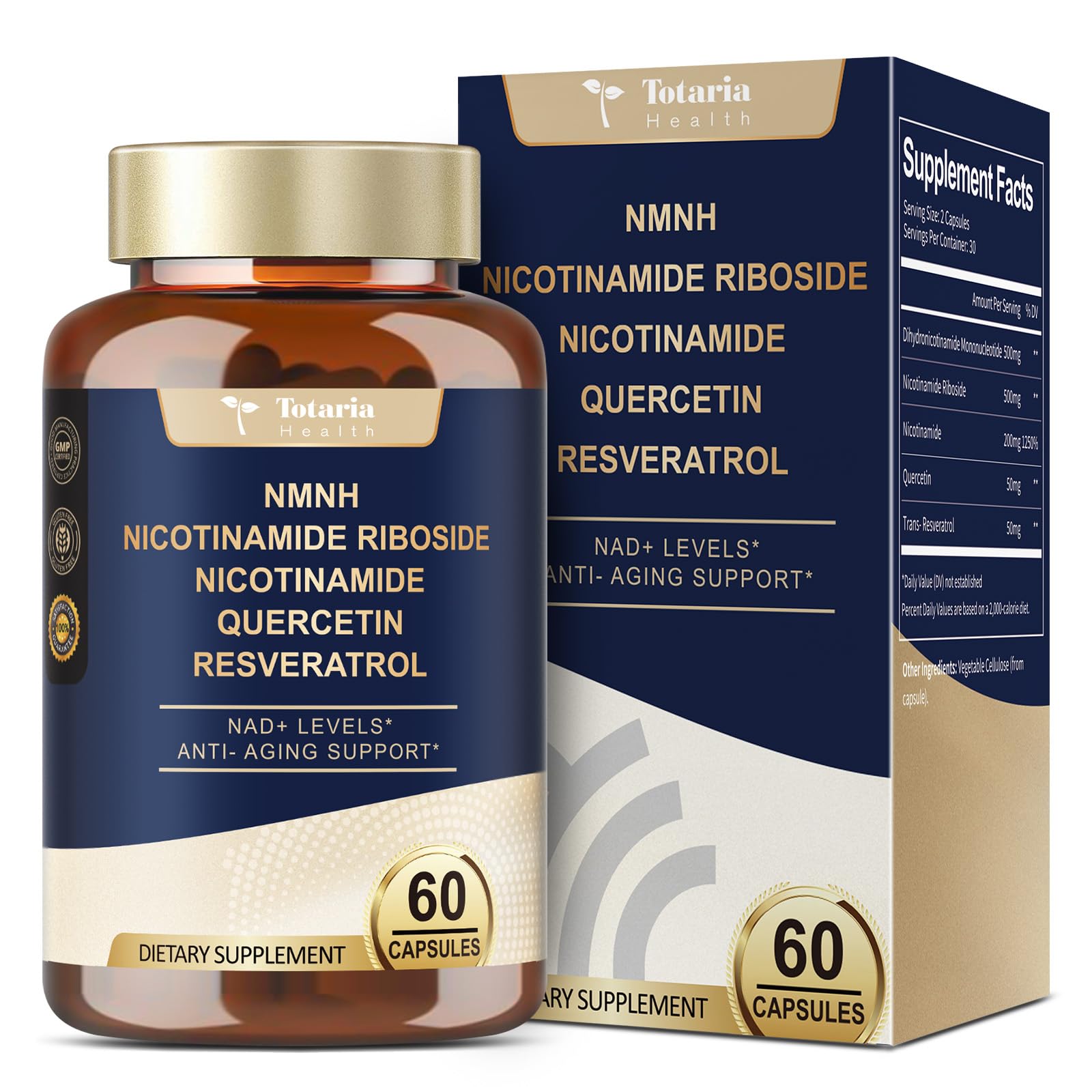 Totaria NMNH NMN Alternative Supplement Ultra Strength, NAD+ Support with Resveratrol & Quercetin, Ultra Absorption for Anti-Aging, Vegan Capsules, 60 Count