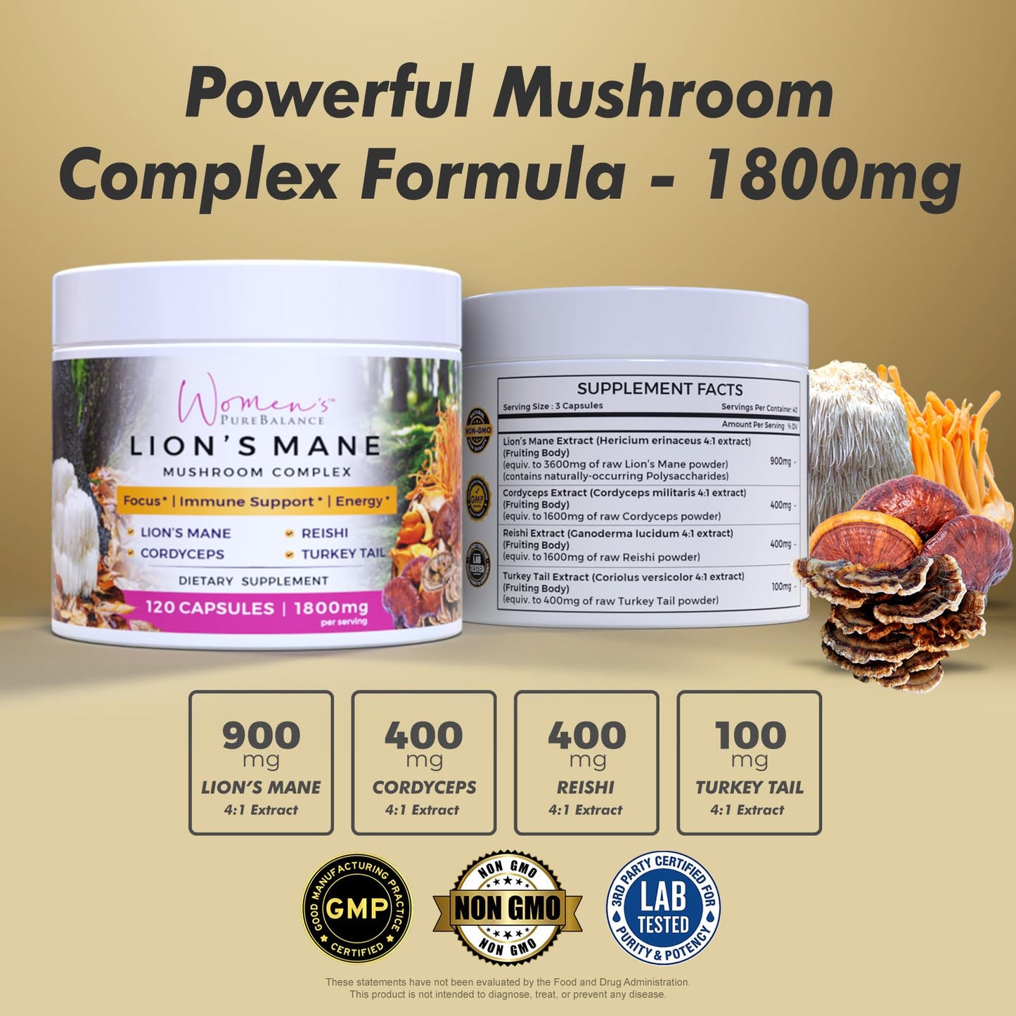 Women's PureBalance Lion's Mane Mushroom Supplement Capsules with Reishi, Cordyceps, Turkey Tail 120 Count