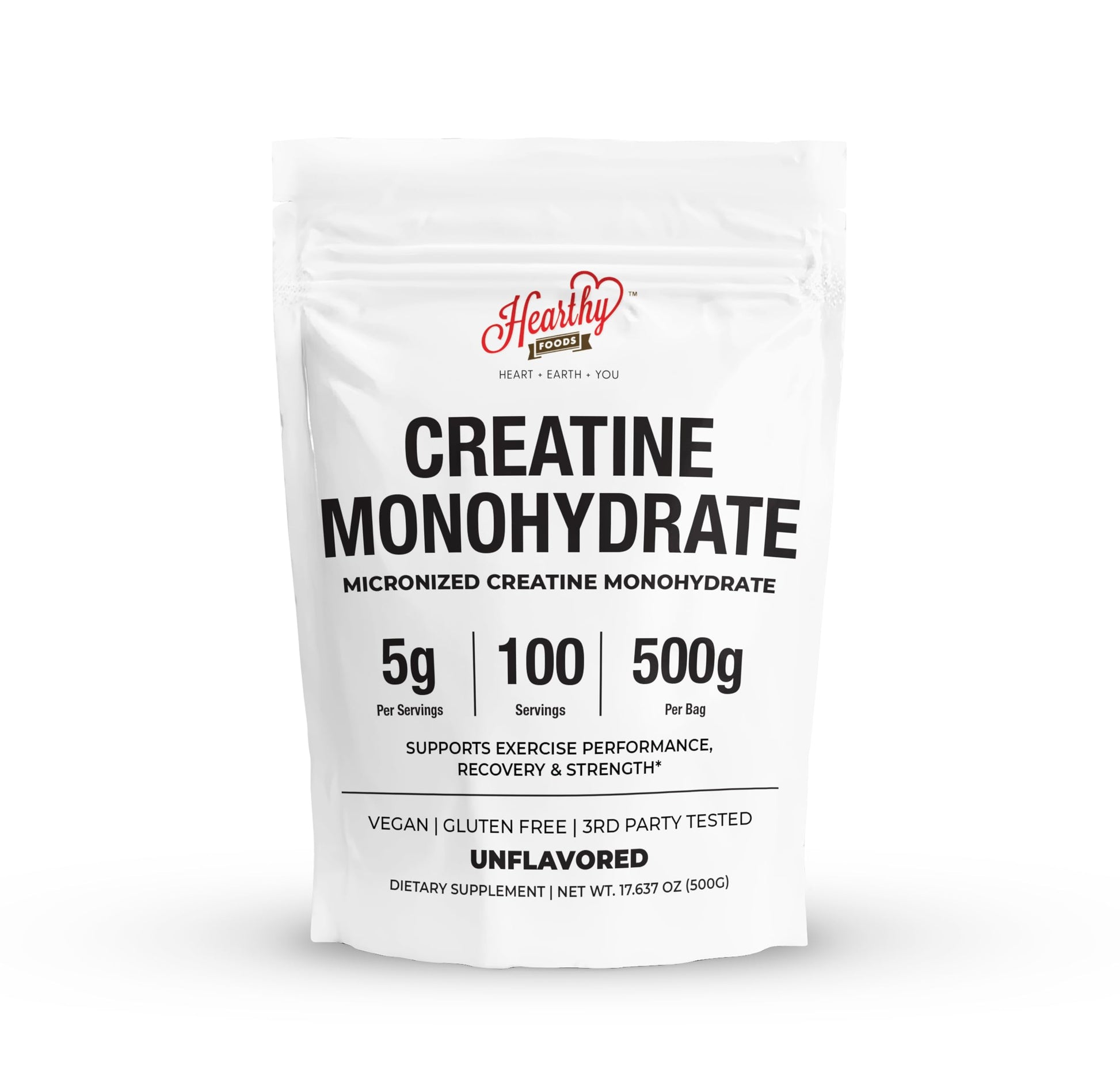 HEARTHY FOODS Creatine Monohydrate Micronized Powder, 100 Servings, 5000mg per Serving (5g), Unflavored, 17.6 oz