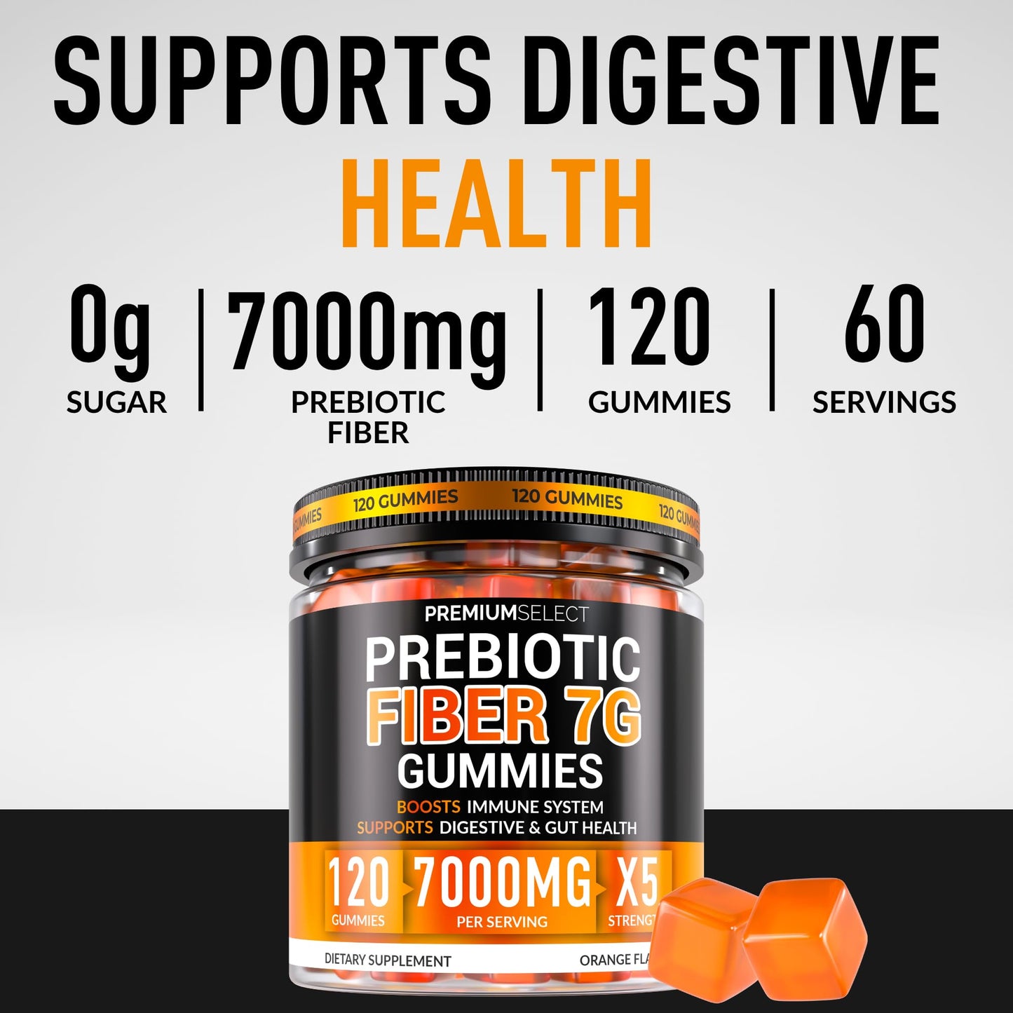 Premium Select Nutrition Fiber Gummies for Adults Sugar Free – 7g Daily Fiber with Prebiotics – Extra Strength Gummy Supplement, 120 Gummies