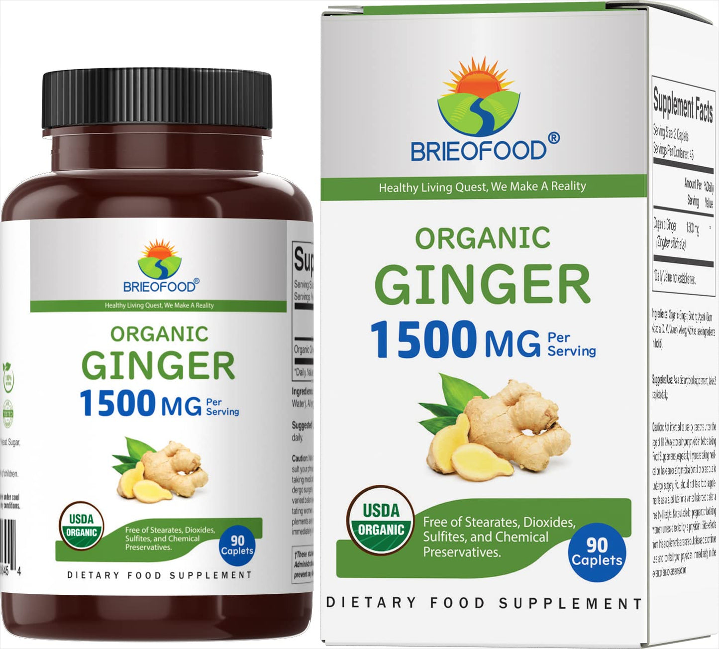 Brieofood Organic Ginger 1500mg, 90 Tablets