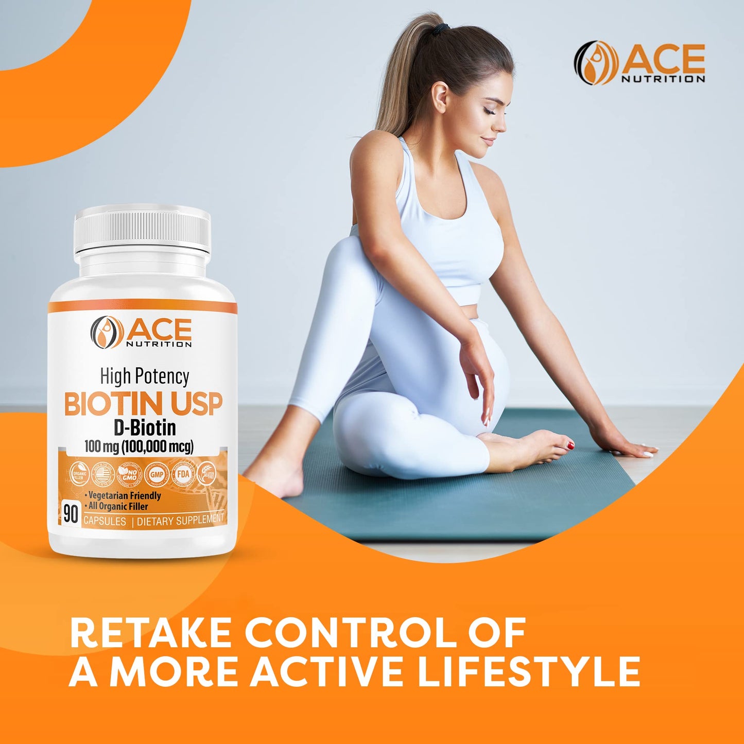 Ace Nutrition High Potency Biotin USP (D-Biotin 100,000mcg) - Vegetarian Capsules, 30 Count