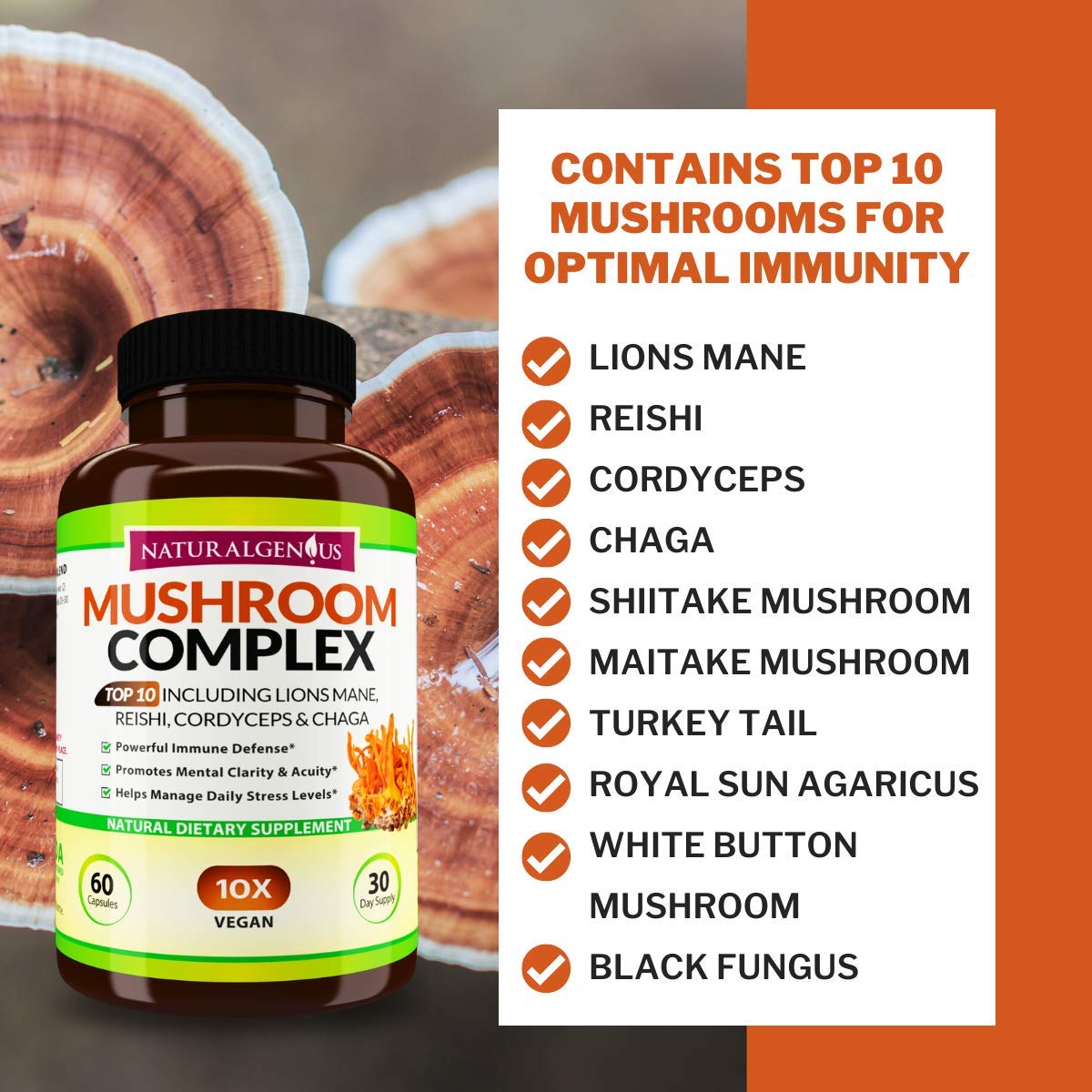 NATURALGENIUS Top 10 Mushroom Extracts - White Button, Lions Mane, Cordyceps, Chaga, Reishi Plus - Immune Booster, Nootropic 60 Capsules