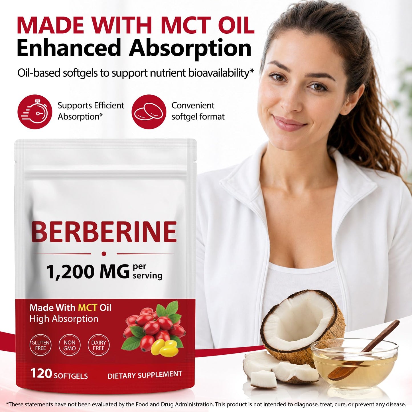 bnHUlMXw Berberine 1200mg with MCT Oil Softgels 120 Count
