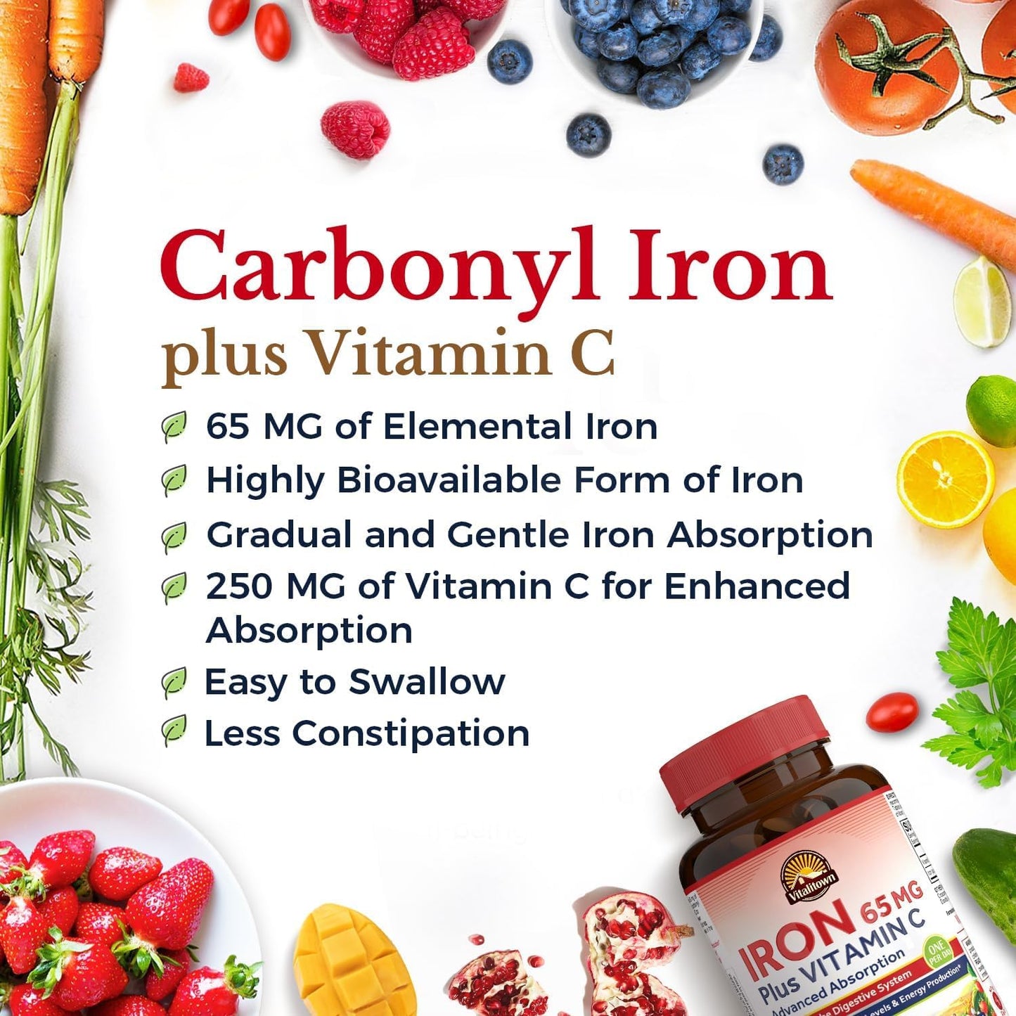 Vitalitown Iron Supplement for Women and Men, High Potency 65mg Iron Tablet, 60 Tabs