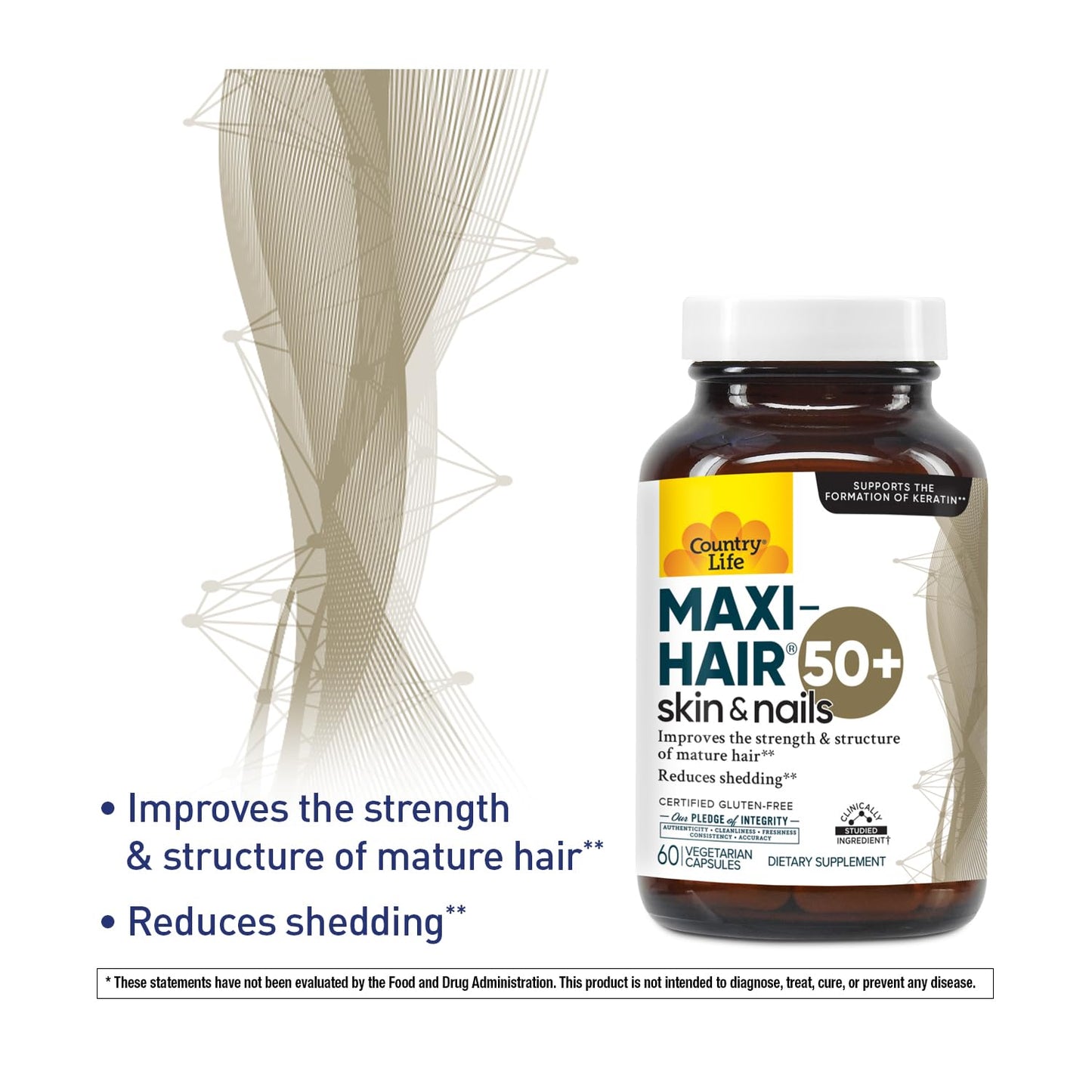 Country Life Maxi-Hair 50+ Biotin-Based Hair, Skin & Nails Supplement for Women & Men Over 50, 60 Capsules