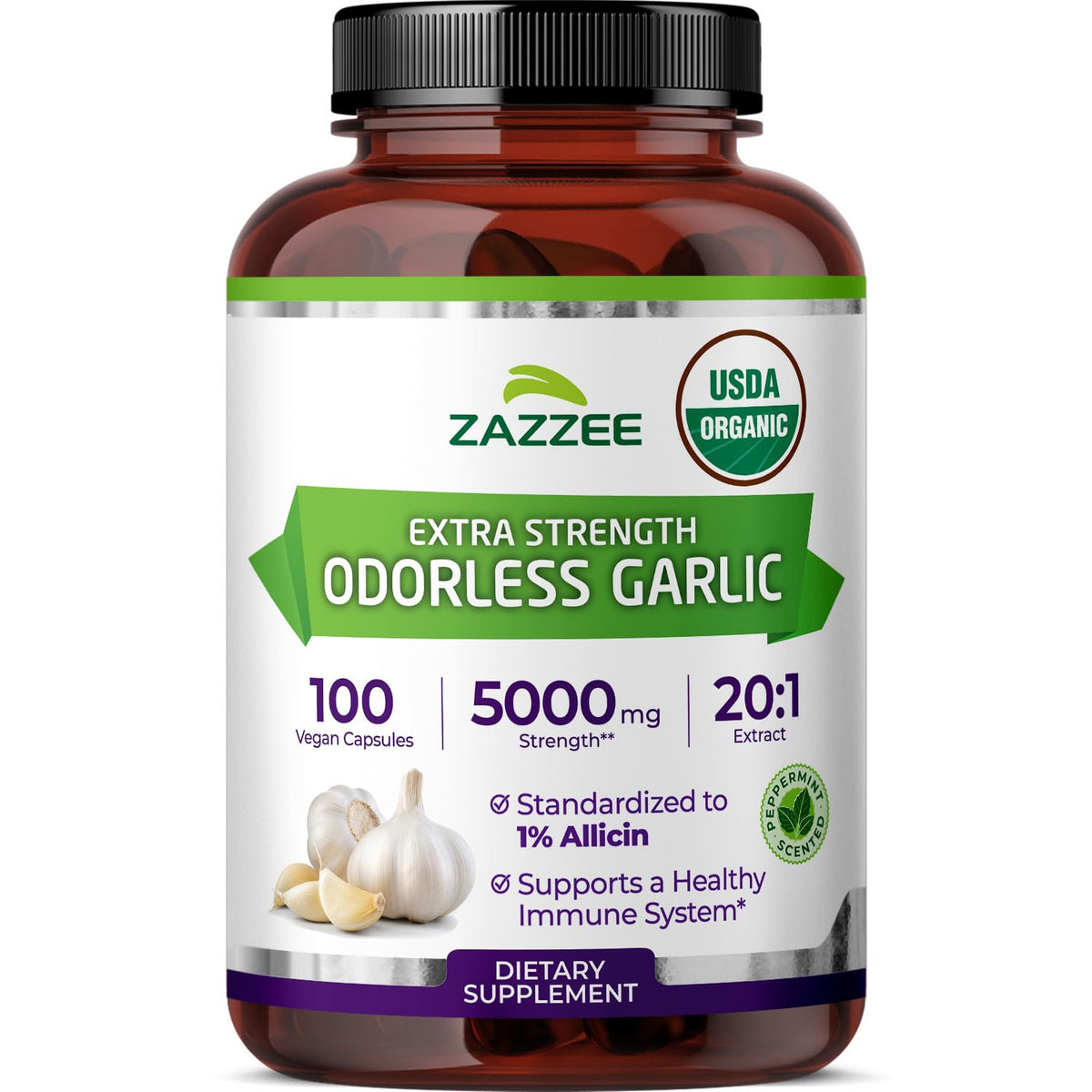 Zazzee USDA Organic Odorless Garlic 20:1 Extract, 1% Allicin, 100 Capsules