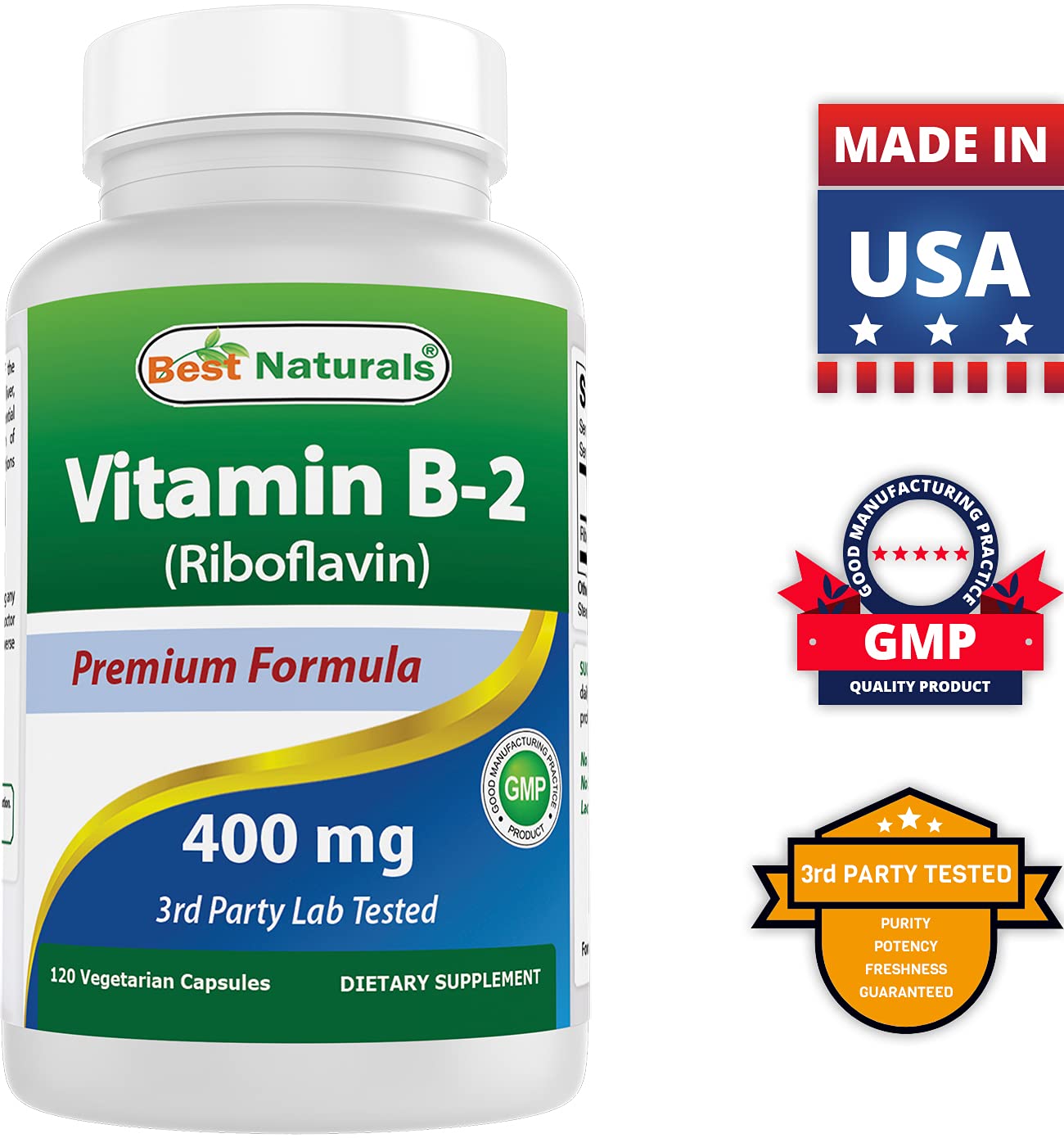 Best Naturals Vitamin B2 (Riboflavin) 400 mg & Magnesium Glycinate 425 mg Capsules, 120 Count