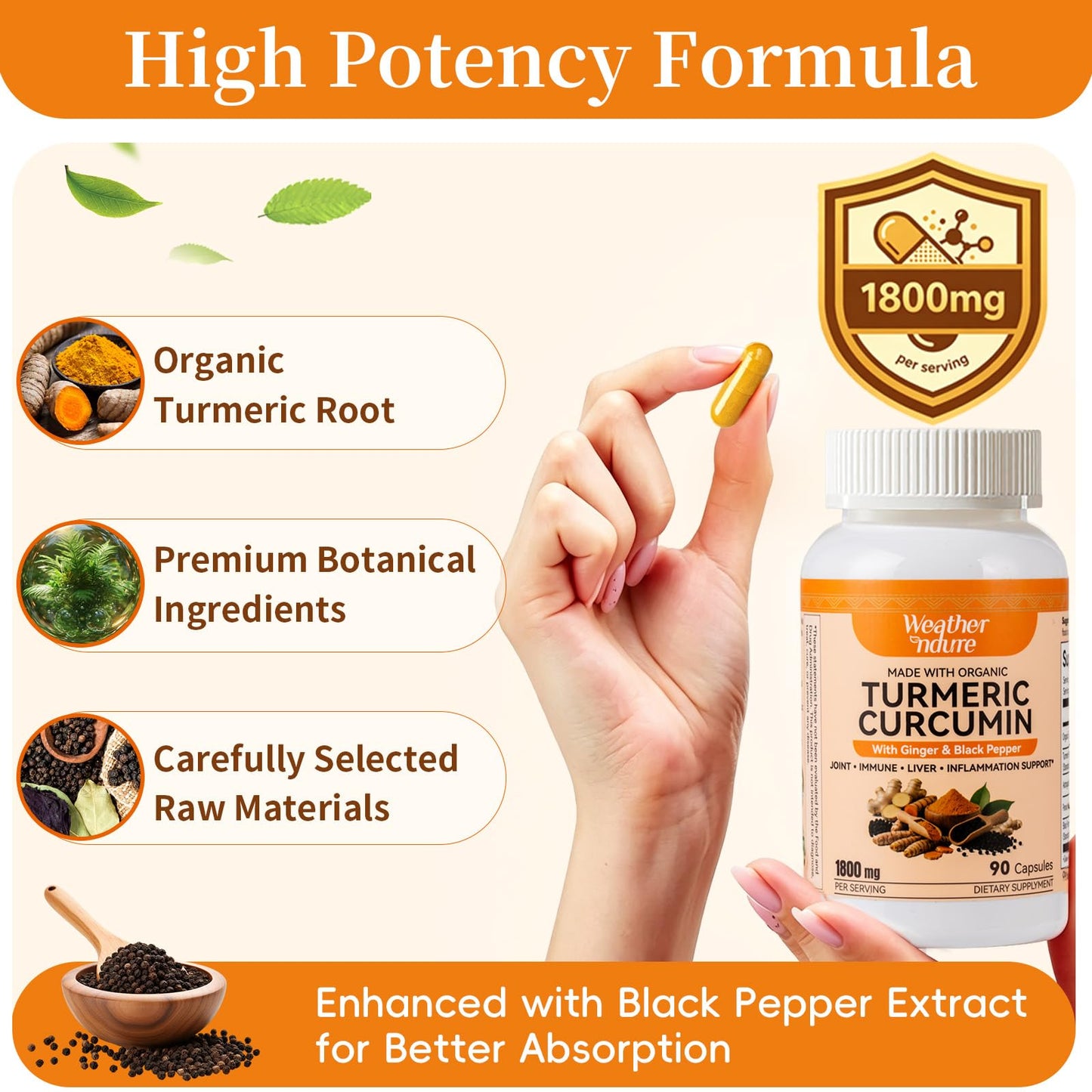 Weatherndure Turmeric Curcumin with BioPerine Immune System Support Standardized to 95% Curcuminoids Enhanced Absorption*, 90 Veg Capsules