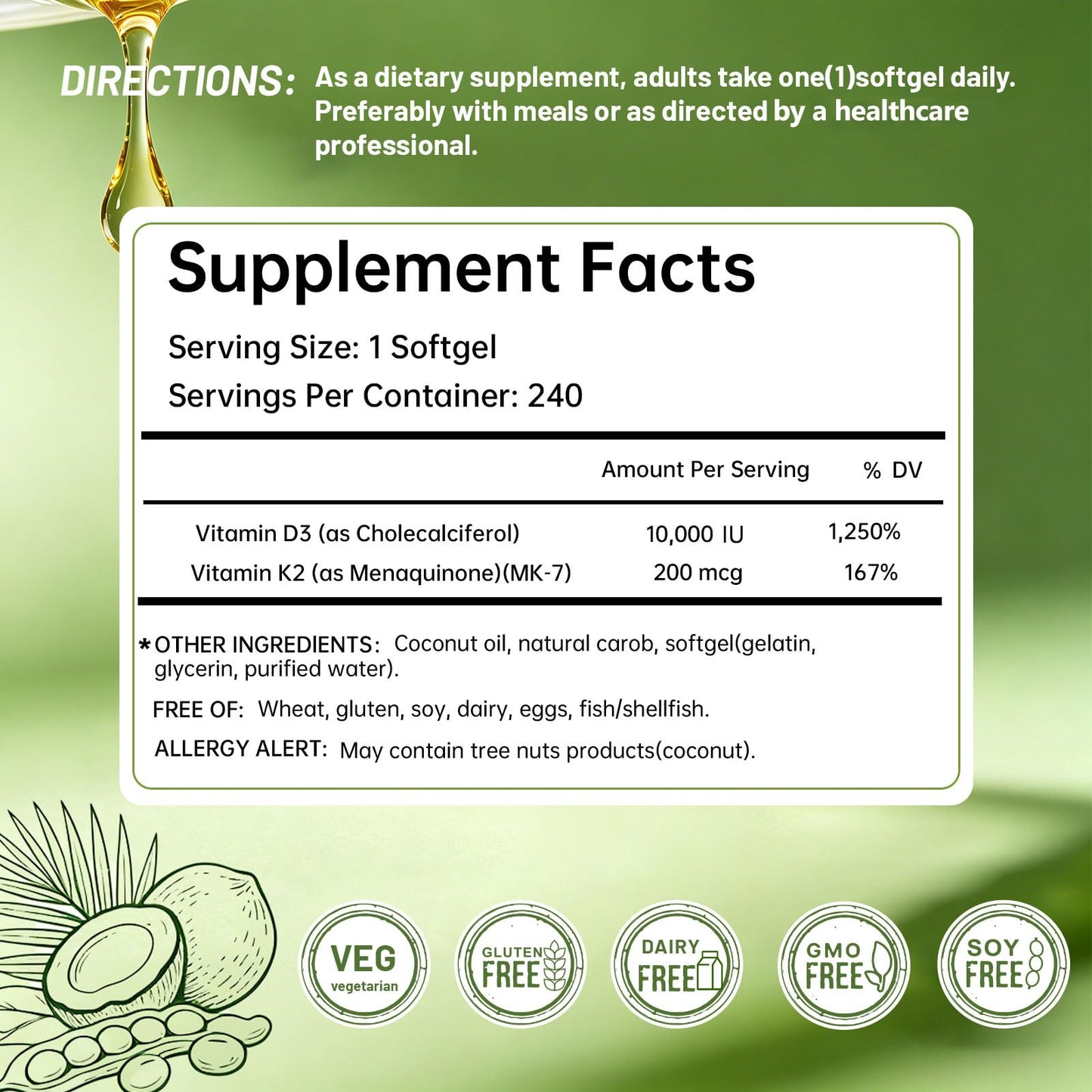 Tulvex Vitamin D3 K2 Capsule 10,000 IU + 200 mcg MK-7, 240 Capsules