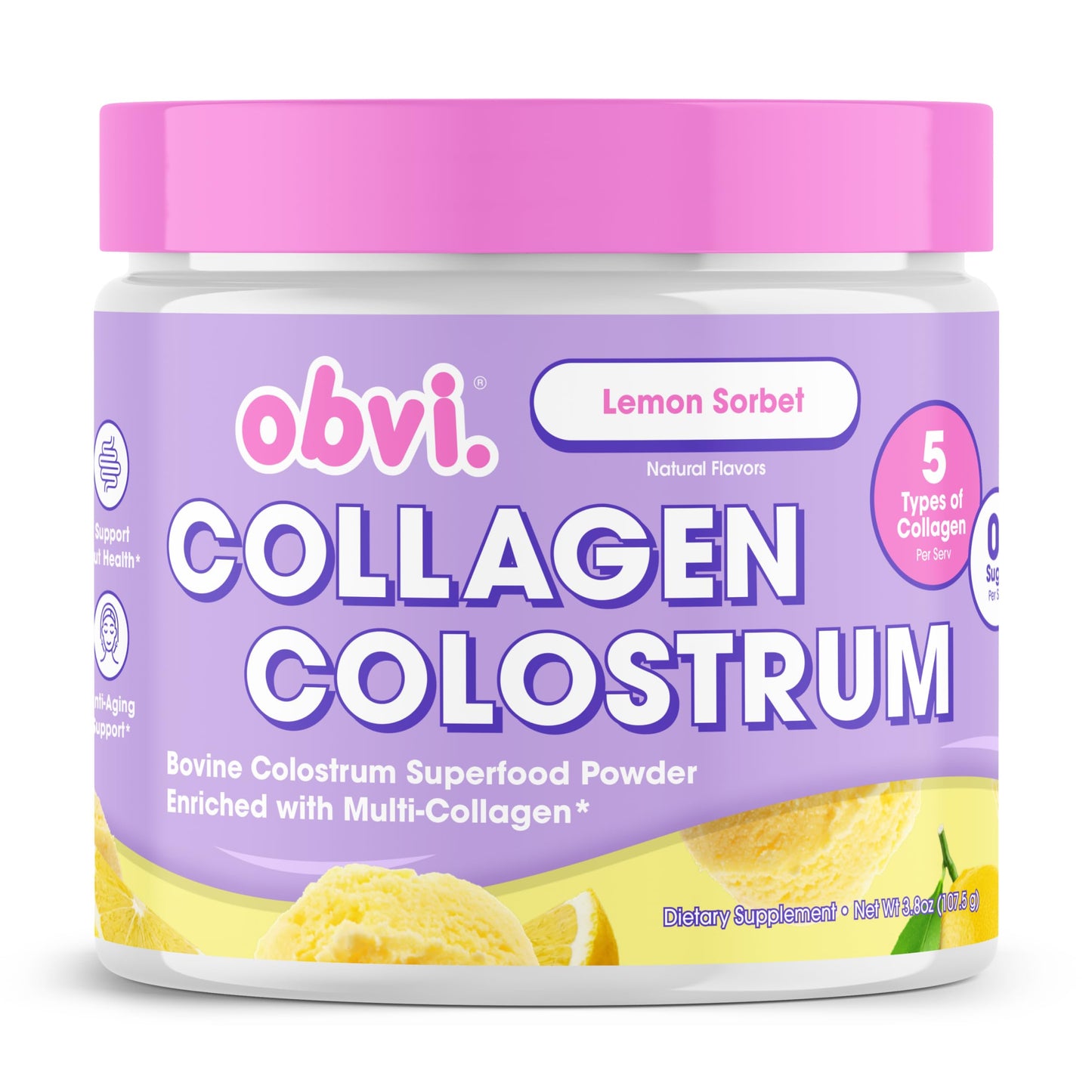 Obvi Hydrolyzed Bovine Collagen Peptide Lemon Sorbet Colostrum Superfood Protein Powder 30 Servings