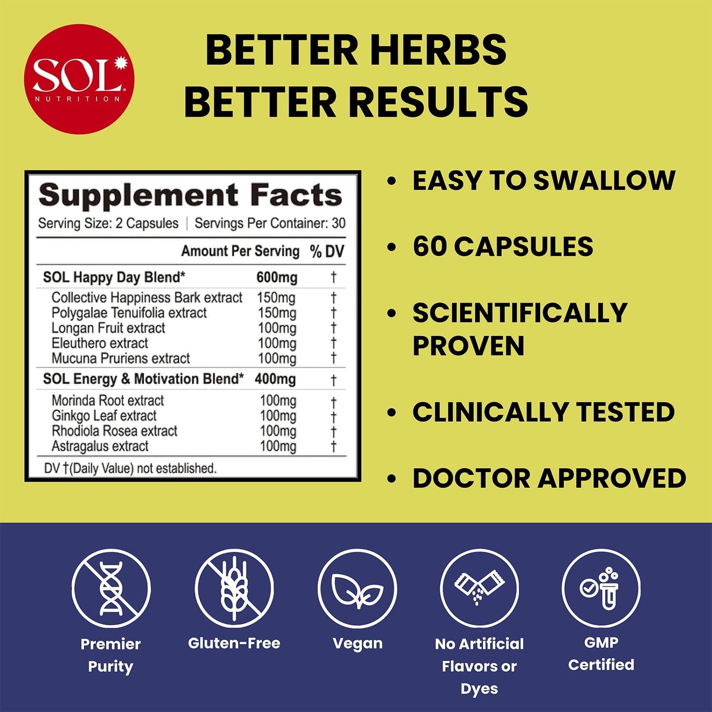 Sol Nutrition Happy Day Supplement Capsules 60 Count