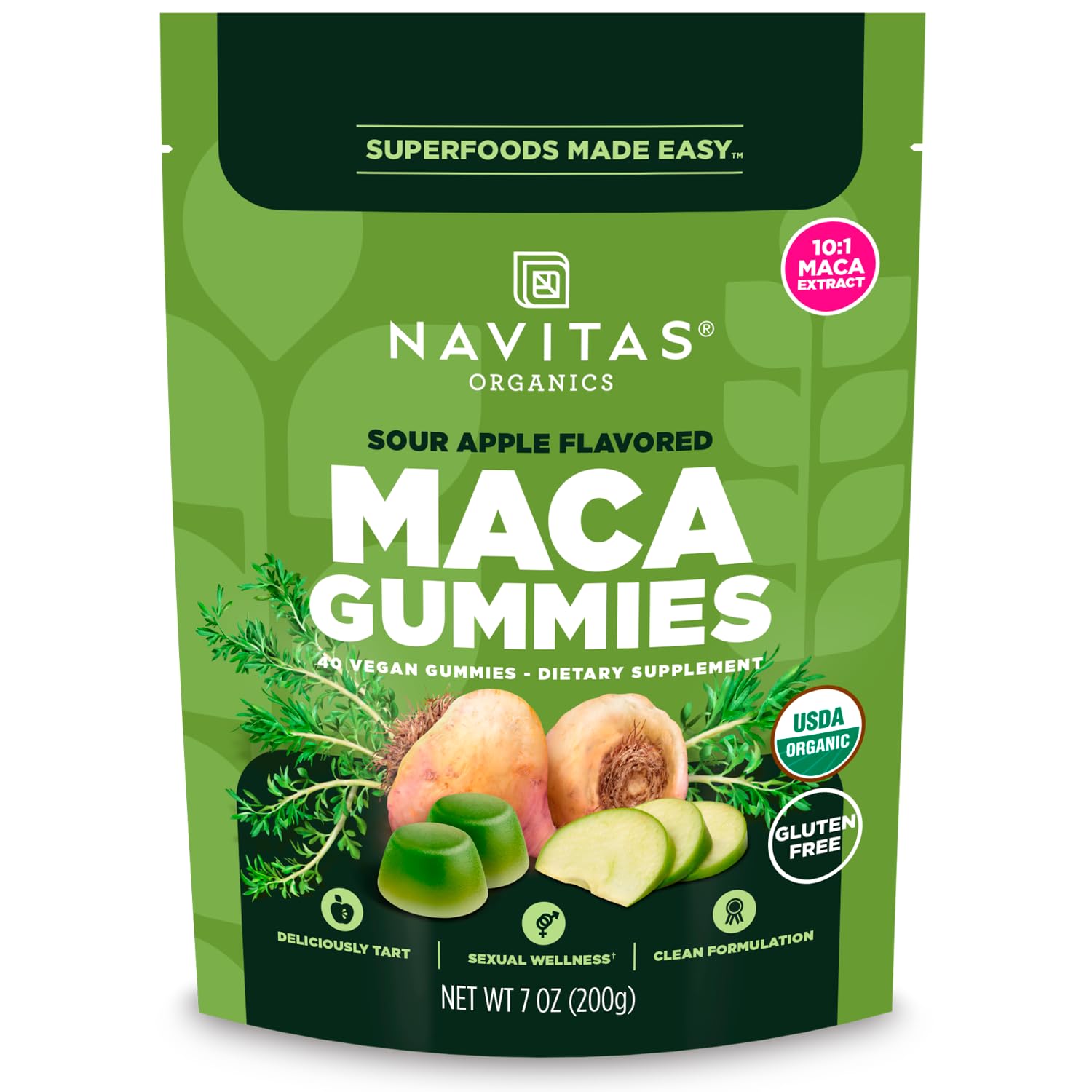 Navitas Organics Sour Apple Maca Gummies 10:1 Maca Extract, 40 Count