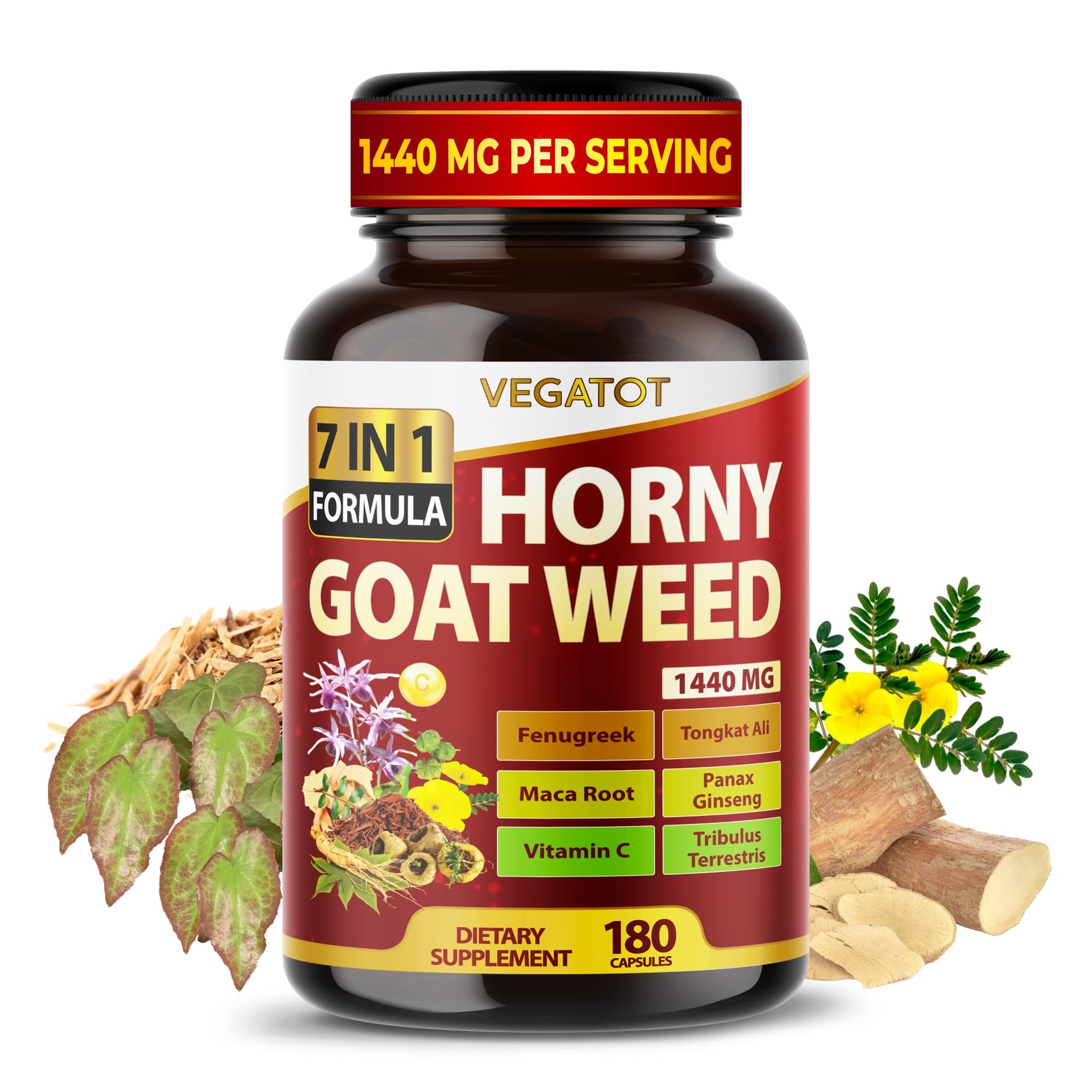 VEGATOT Horny Goat Weed Supplement 1440 mg 20:1 with Tongkat Ali, Tribulus, Maca Root, Fenugreek & Panax Ginseng Capsule 180 Capsules
