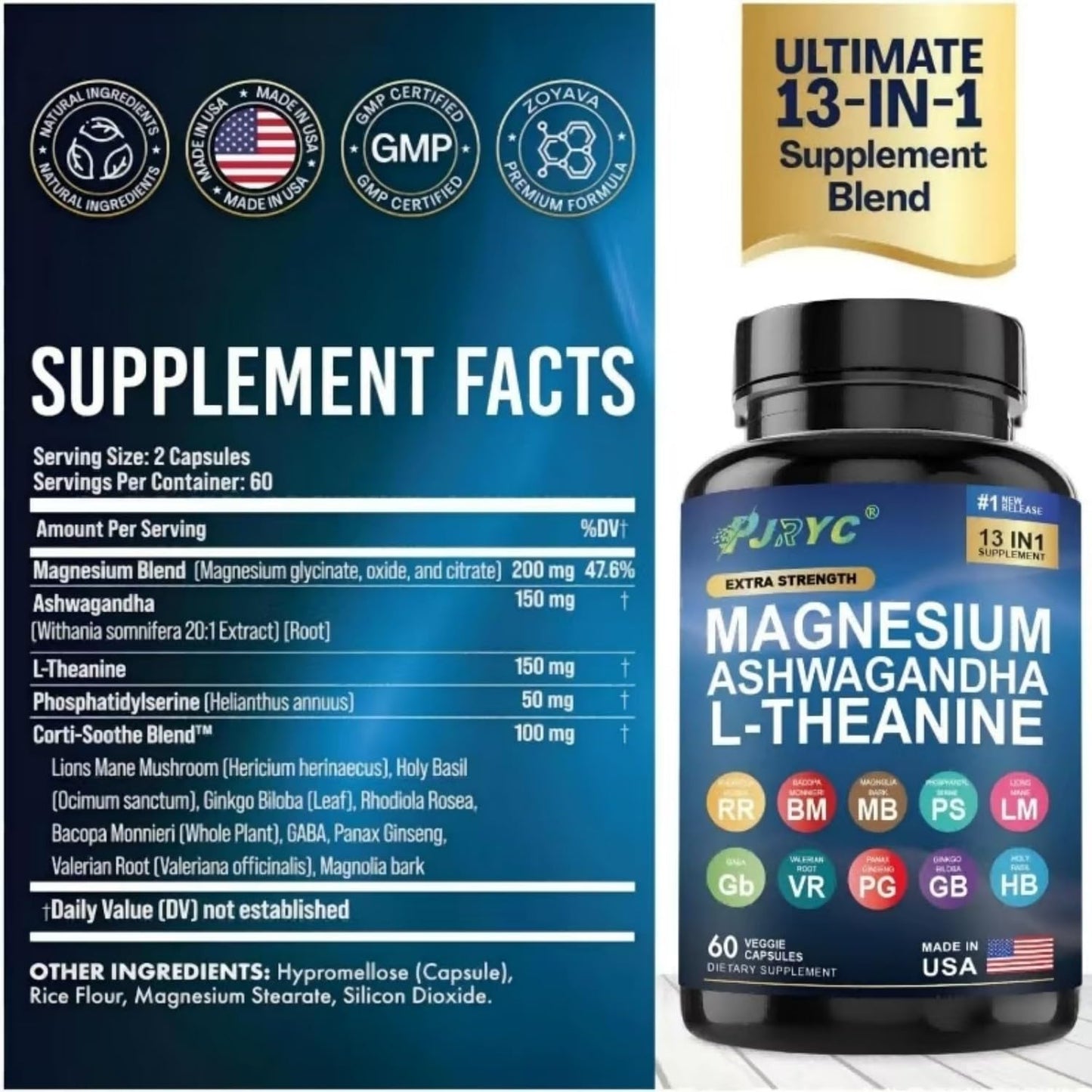 PJRYC Cortisol Support Supplement with Magnesium, Ashwagandha & L-Theanine Capsules 120