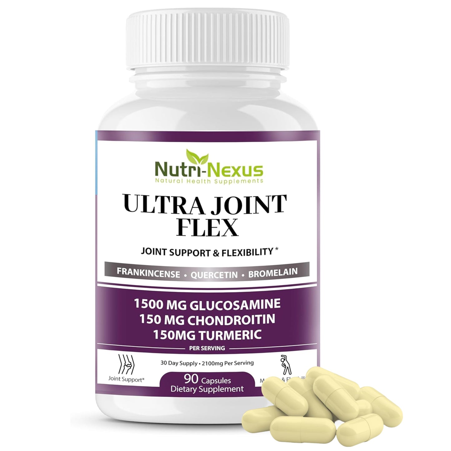 NUTRI-NEXUS Joint Support Supplement with Glucosamine Chondroitin MSM Turmeric Boswellia, Capsules, 90 Count