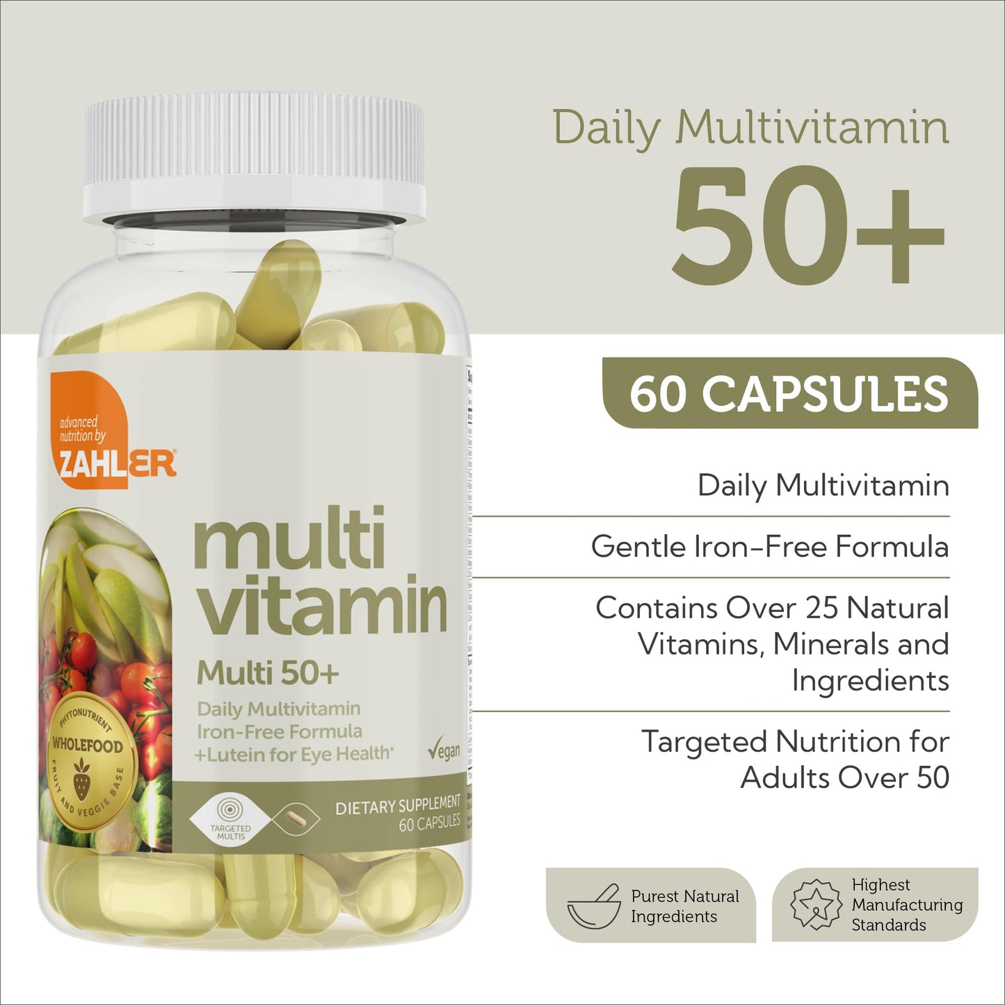 Zahler Multivitamin 50+ Iron-Free Formula with Lutein for Eye Health, 60 Capsules