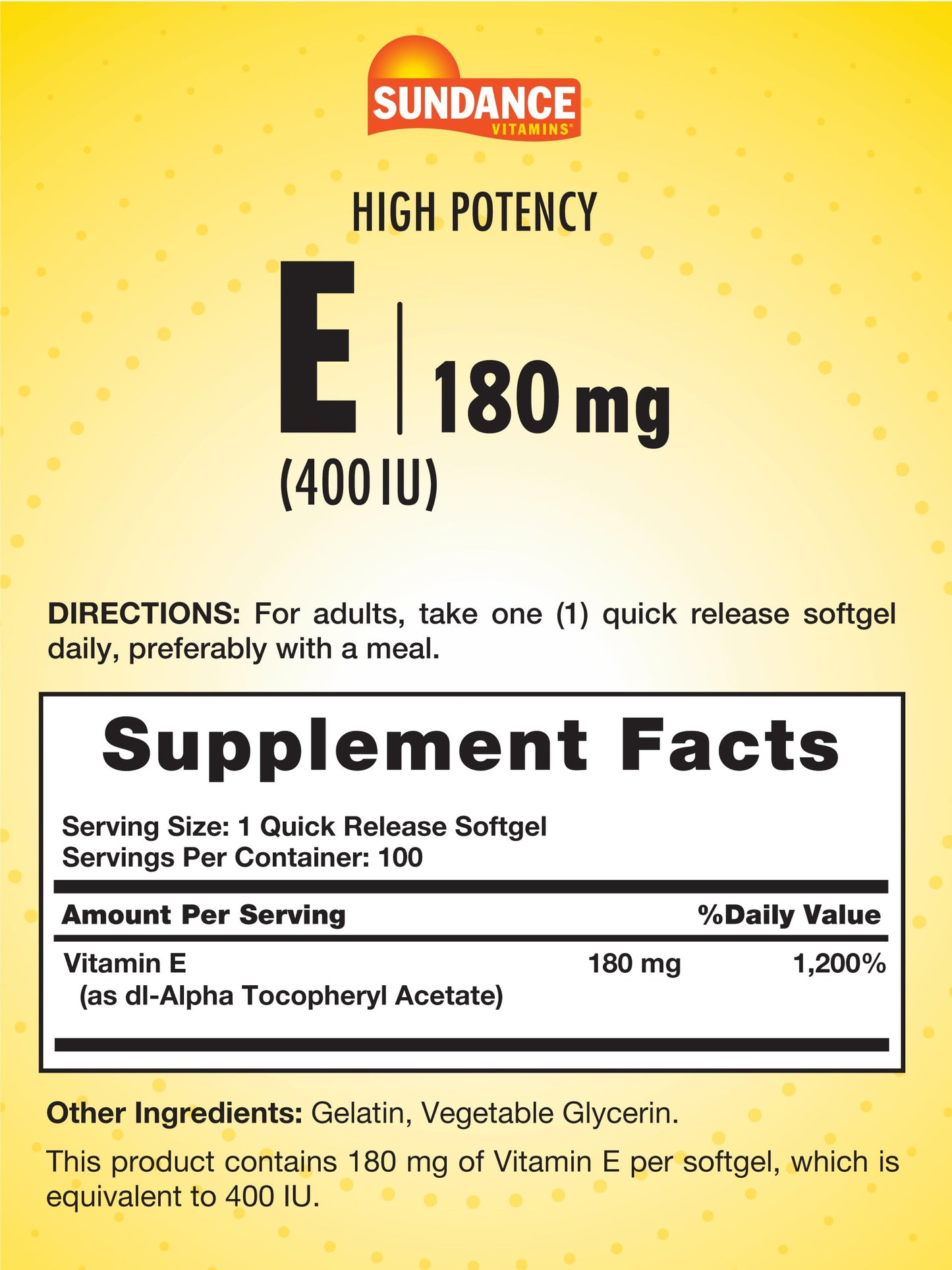 Sundance Vitamin E 180mg (400 IU) Softgels, 100 Count