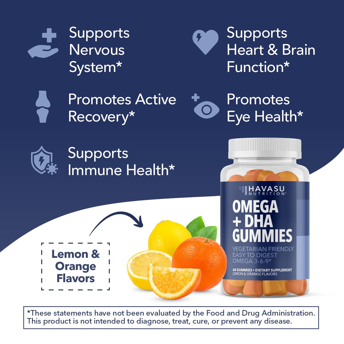 HAVASU NUTRITION Omega-3-6-9 + DHA Gummies for Adults, Plant-Based Fish Oil Alternative with Chia Seed Oil and Algae, Lemon and Orange Flavors, Vegetarian Friendly, 60 Gummies