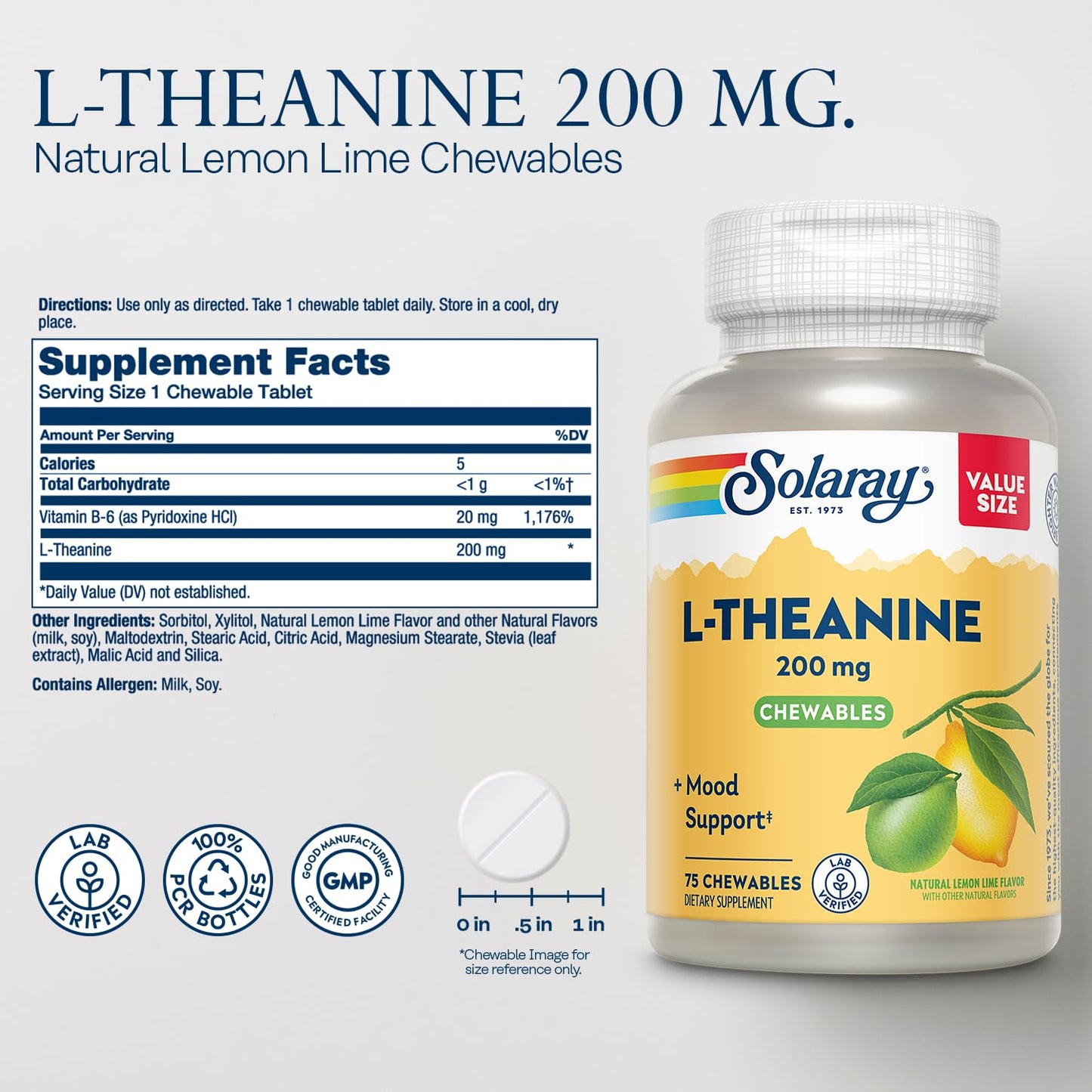 Solaray L-Theanine 200mg Mood Support Supplement with Vitamin B6 Chewables, 75 Count