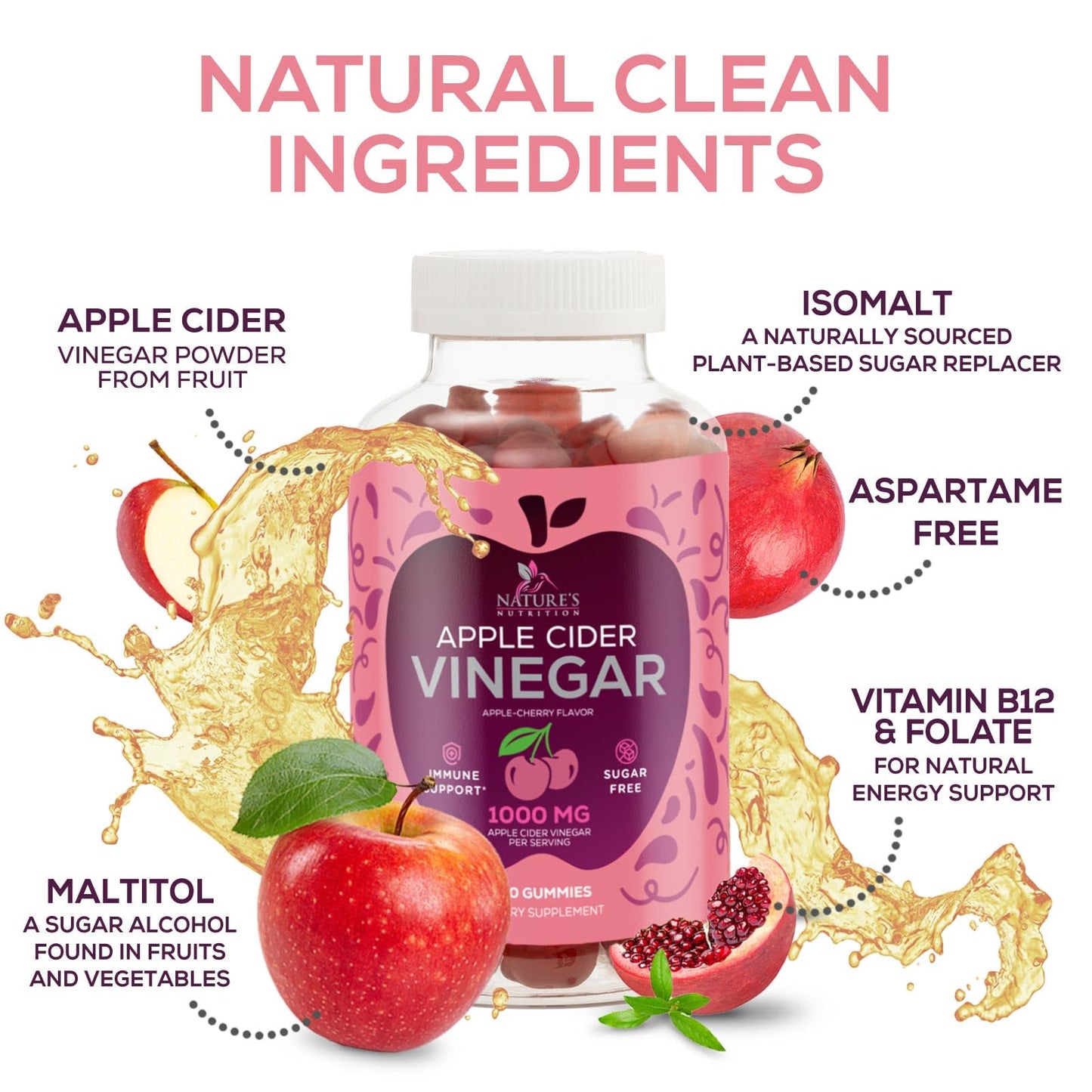 Nature's Nutrition Apple Cider Vinegar Gummies 1000mg Per Serving, 120 Gummies