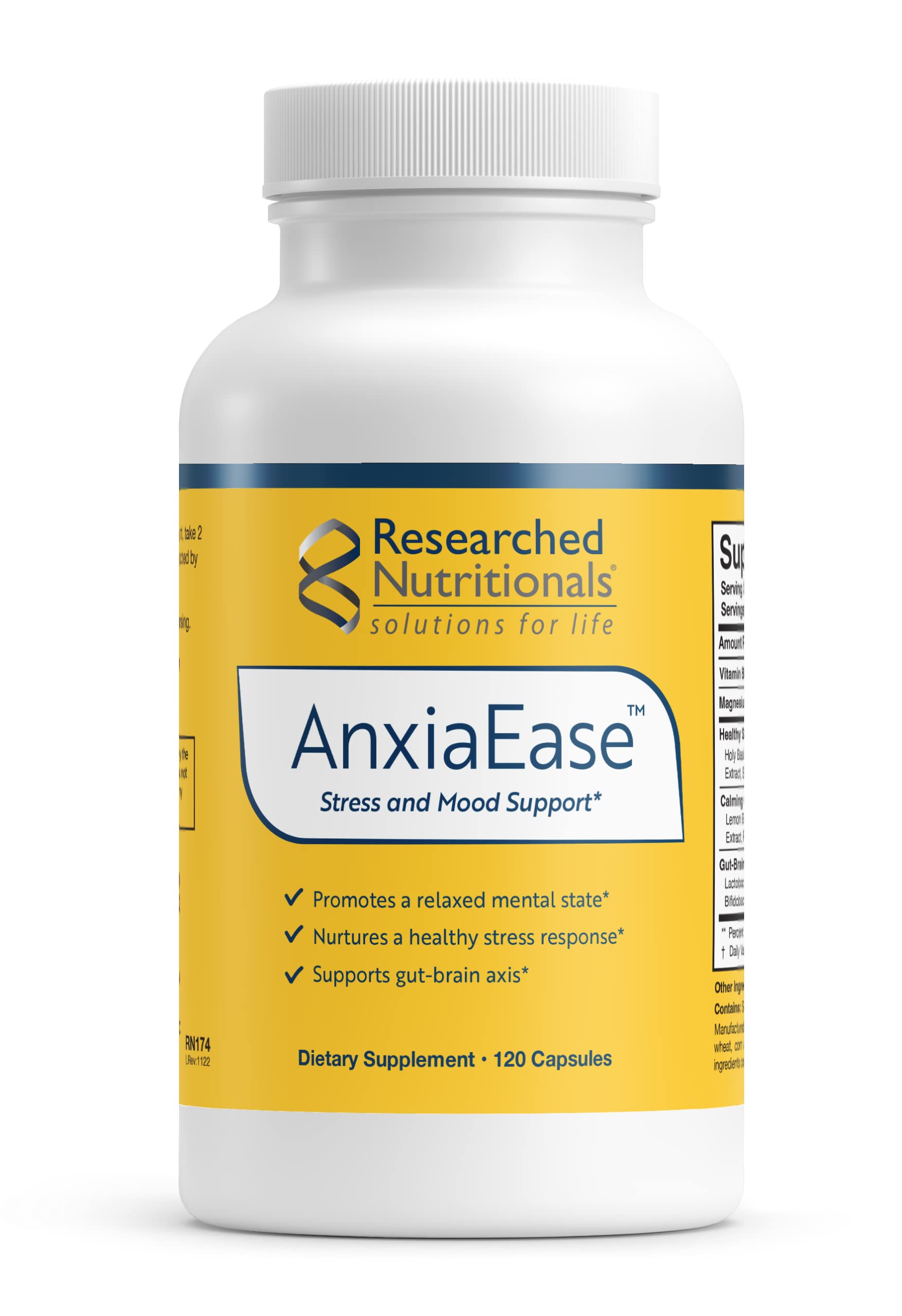 Researched Nutritionals AnxiaEase - Stress, Cortisol Management & Mood Support Supplement with Botanicals, Vitamin B6, Magnesium & Psychobiotic Probiotic Strains, 120 Capsules