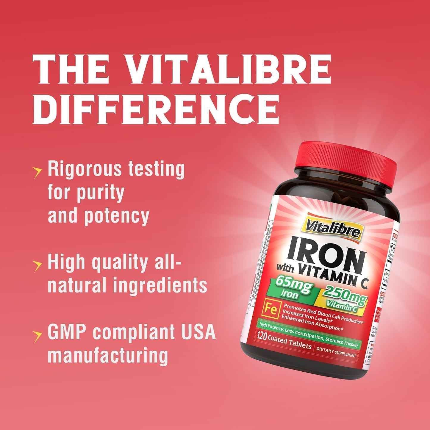 Vitalibre Iron Supplement with Carbonyl Iron 65mg and Vitamin C 250mg, Tablets, 120 Count