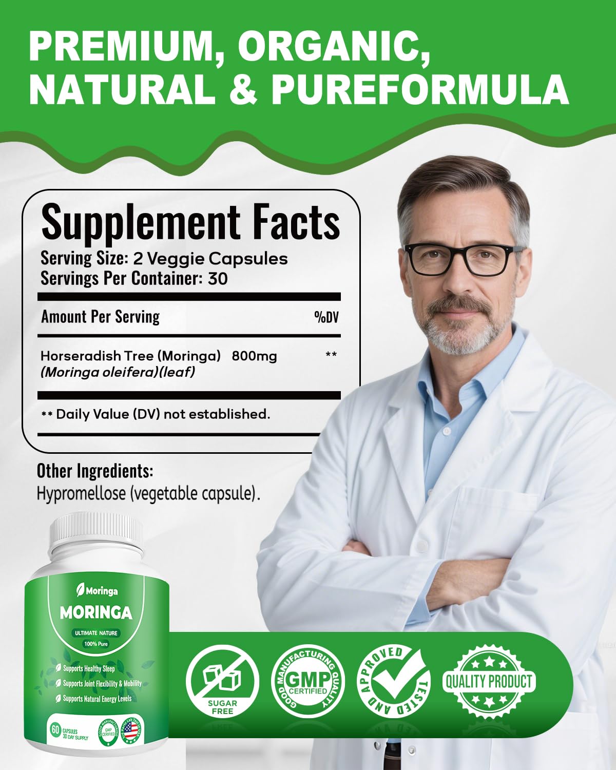 ZyliaVitaX Moringa Capsules 800mg Pure Moringa Powder Supplement, 60 Capsules
