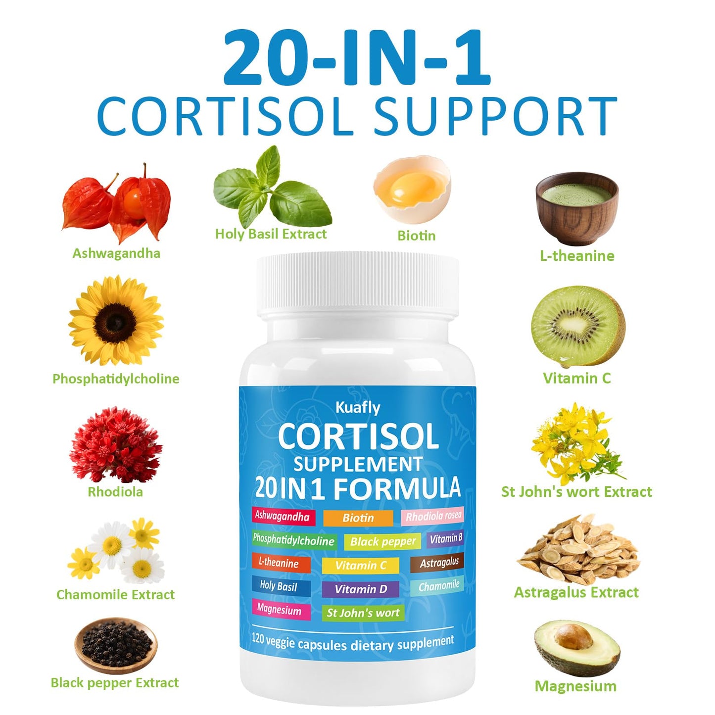 KUAFLY Cortisol Supplements for Women & Men, 120 Capsules