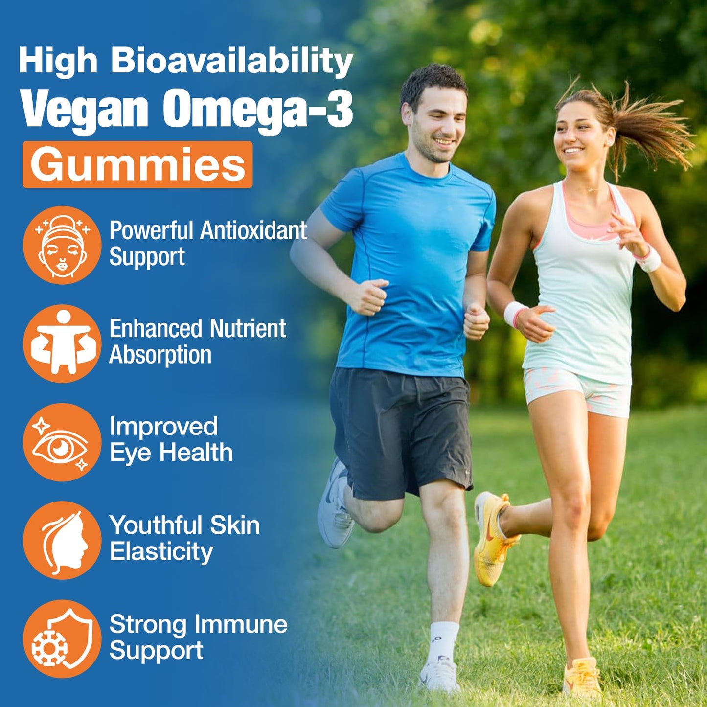 Haohan Omega-3 Gummies for Adults, Orange Flavor – Sugar-Free, Algae-Derived DHA 600mg & EPA 300mg, with Vitamins A, C, E, Zinc, 120 Gummies