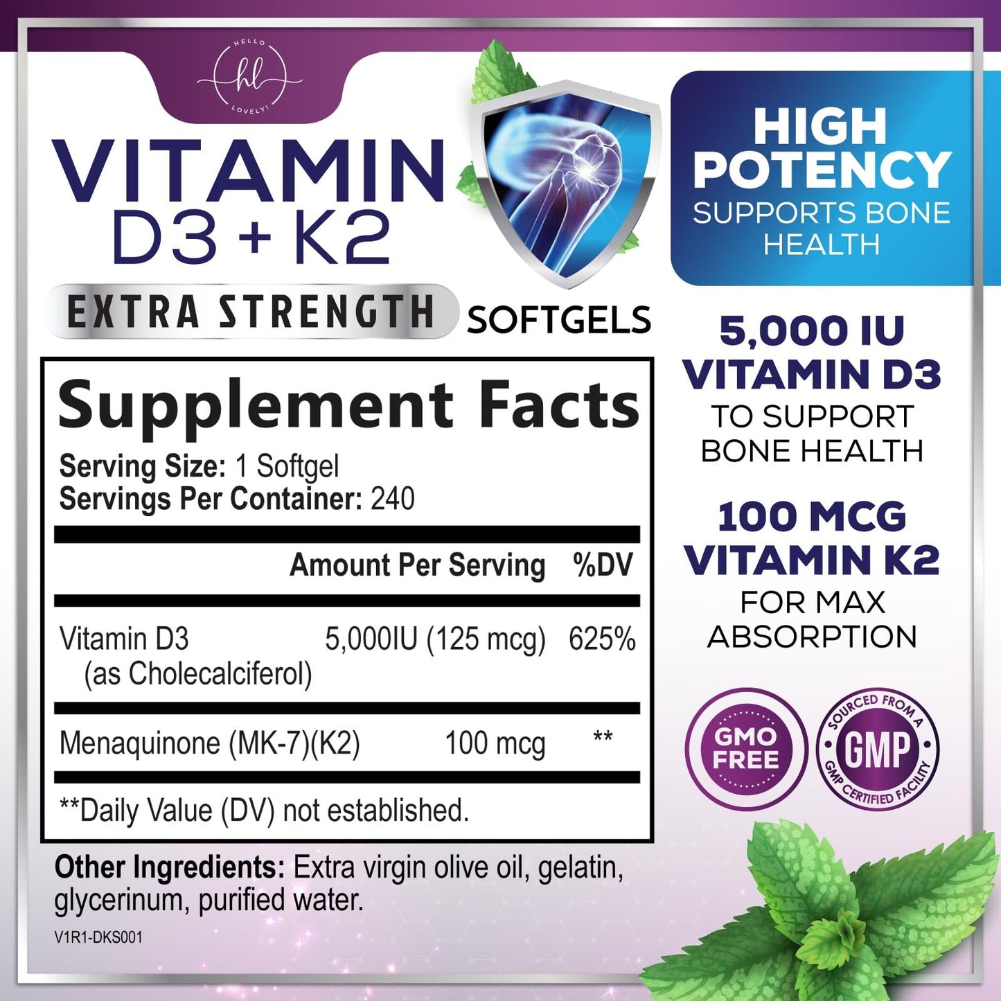 Hello Lovely! Vitamin D with K2 (MK-7) D3K2 Complex Supplement Softgels 240 Count