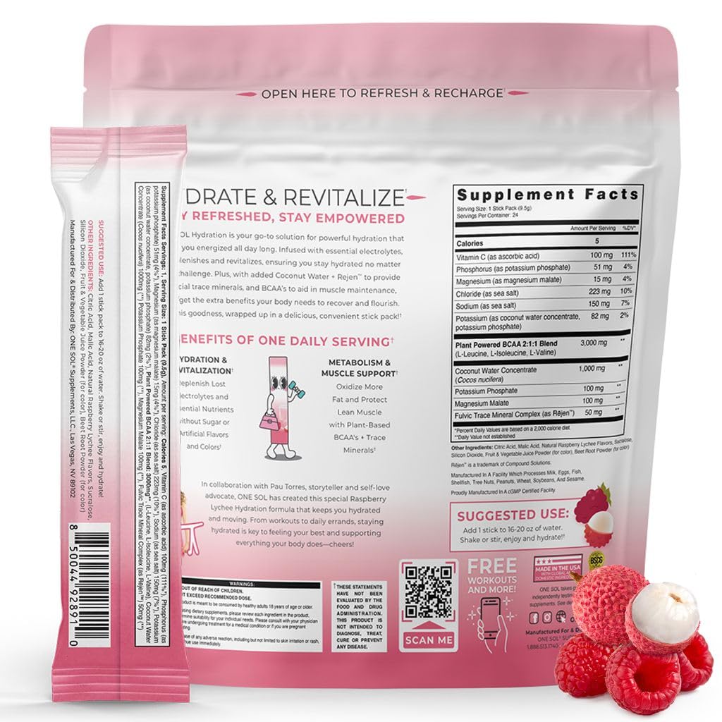 One Sol BCAA + Electrolytes for Hydration & Recovery Raspberry Lychee Powder 0.7 oz