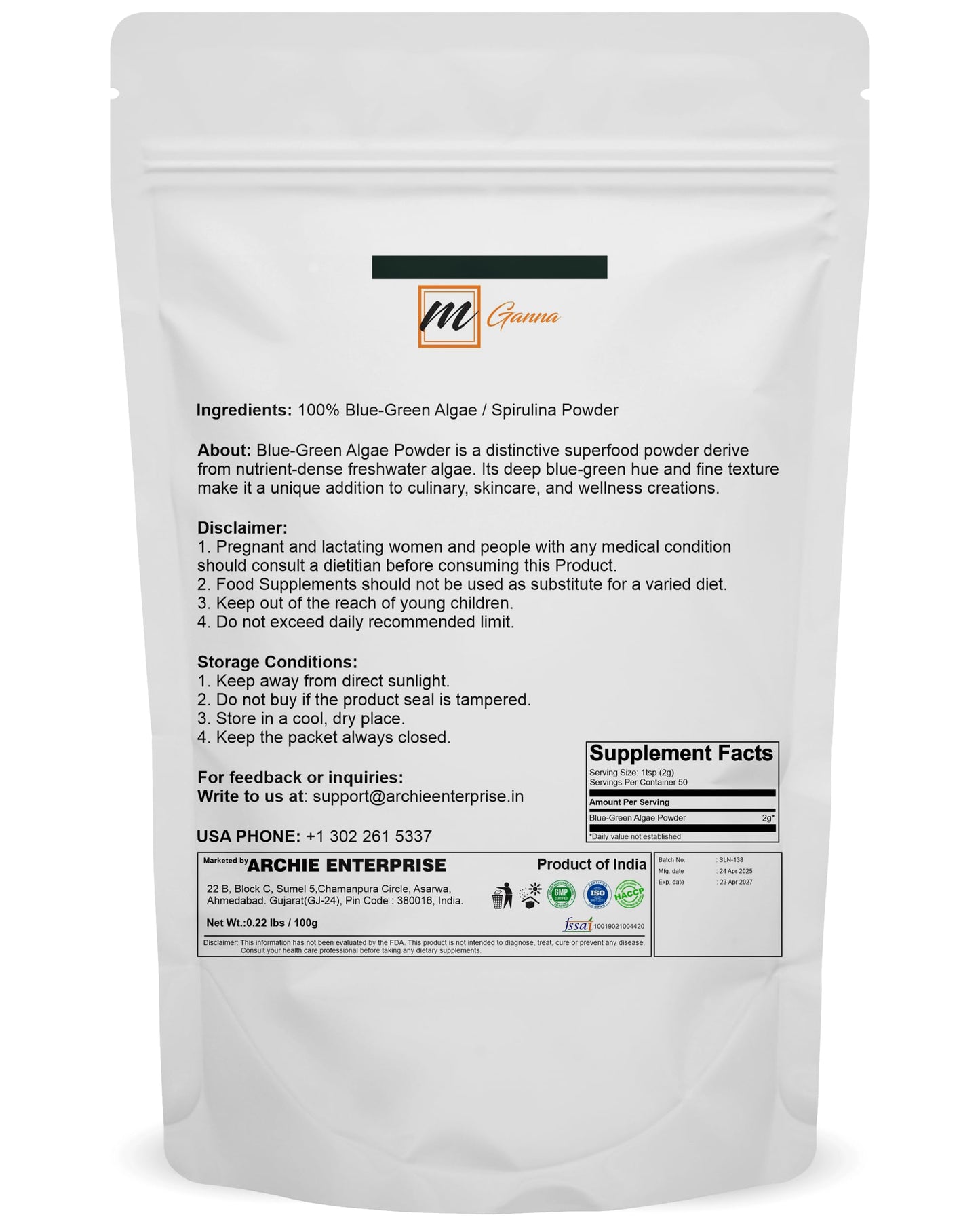 mGanna 100% Spirulina Powder 3.5 Ounce