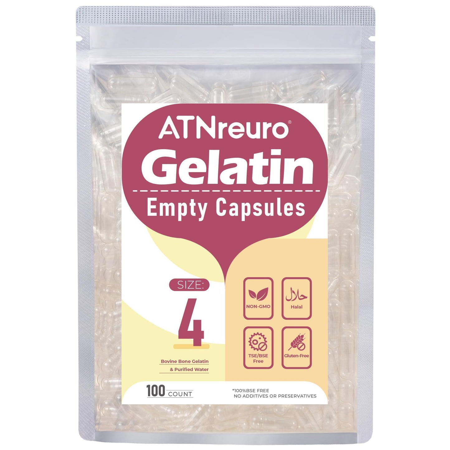 ATNreuro Empty Gelatine Capsules Size 4 Clear 100 Count Capsule