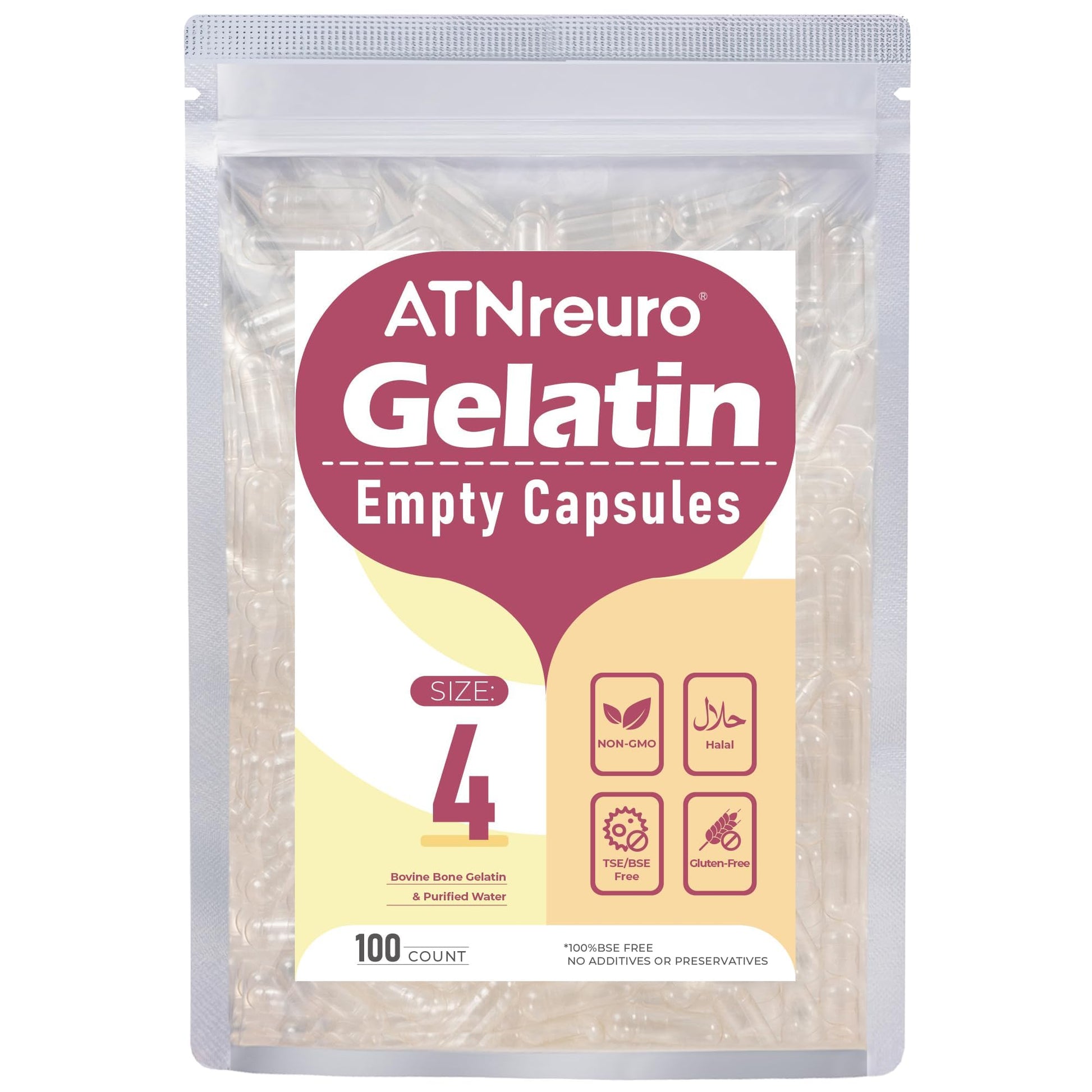 ATNreuro Empty Gelatine Capsules Size 4 Clear 100 Count Capsule