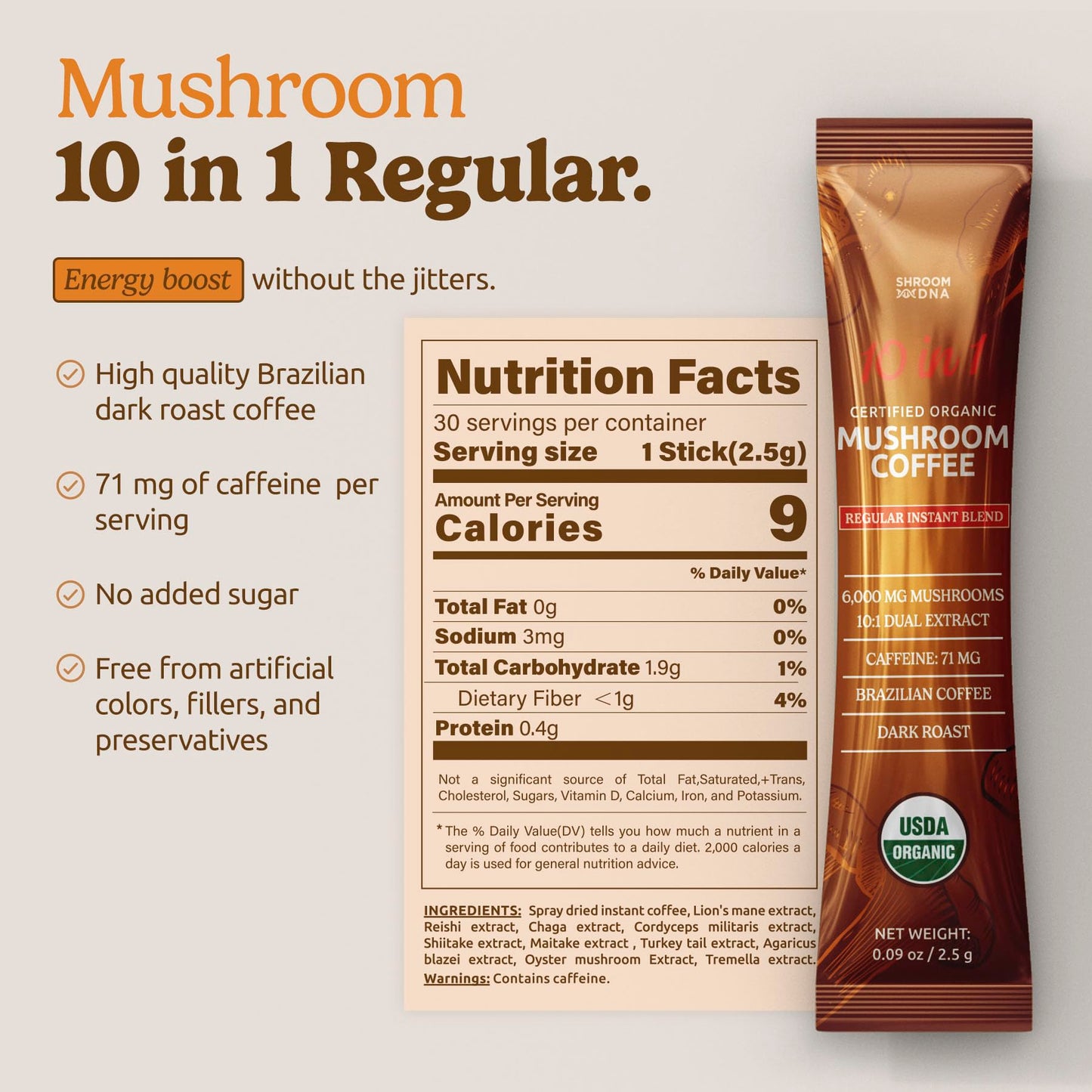 MATCHA DNA 10-in-1 USDA Certified Organic Mushroom Coffee Instant Powder, 265