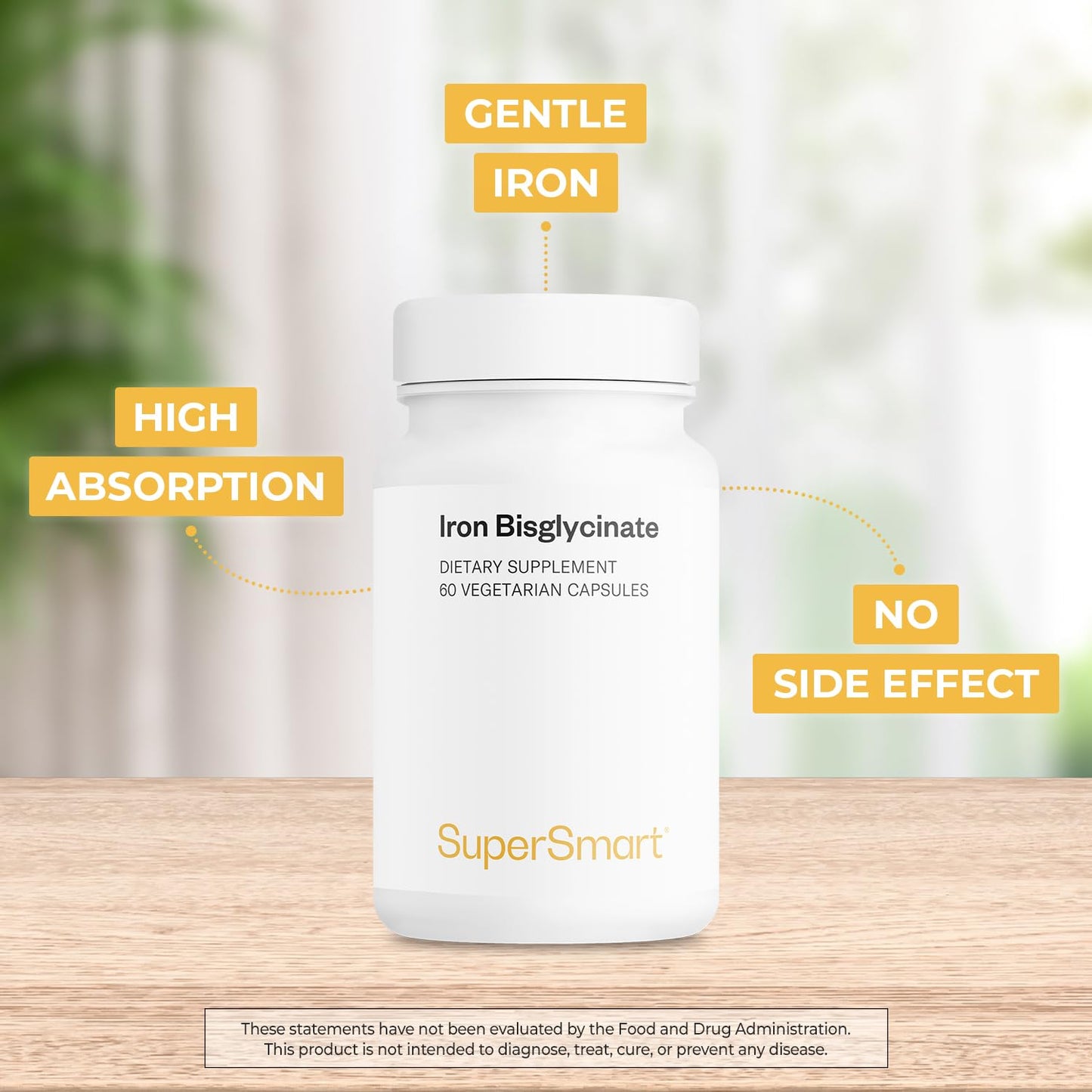 Supersmart Iron Bisglycinate Supplement 75mg per Day (Highly Absorbable) Gentle Iron, 60 Capsules