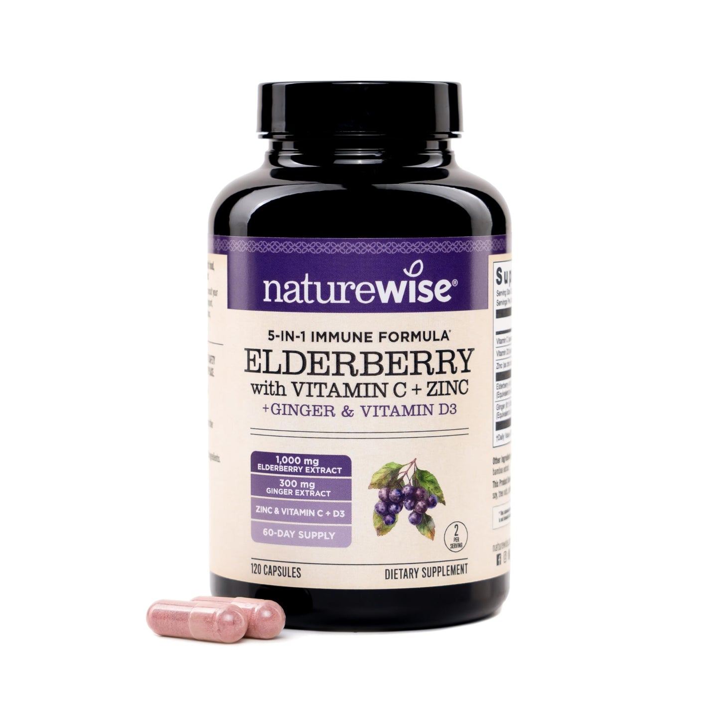 NatureWise Elderberry Vitamin C and Zinc for Adults - Sambucus Black Elderberry and Ginger & Vitamin D3 5000IU - 5 in 1 Immune Support - Non-GMO - USA Manufactured - 120 Capsules